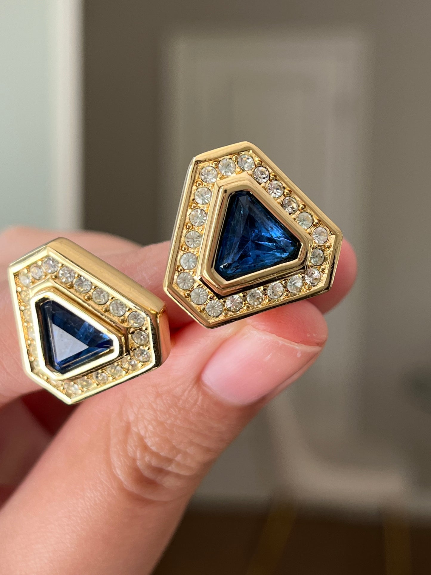 Vintage Christian Dior Triangular Blue Molded Glass Cabochon Rhinestone Gold-Tone Clip-On Earrings