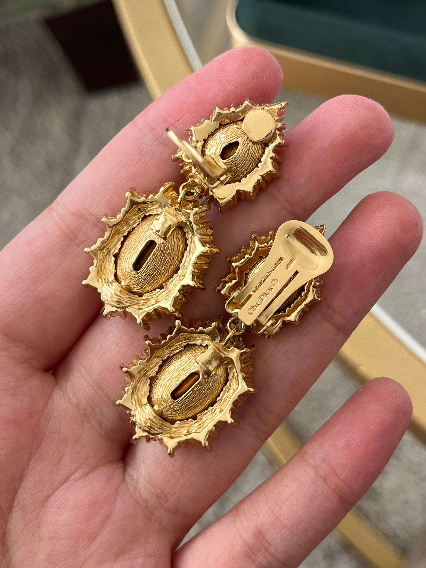 Vintage Christian Dior "Starburst" Collection Oval Blue Rhinestone Drop Dangle Gold-Tone Clip-On Earrings