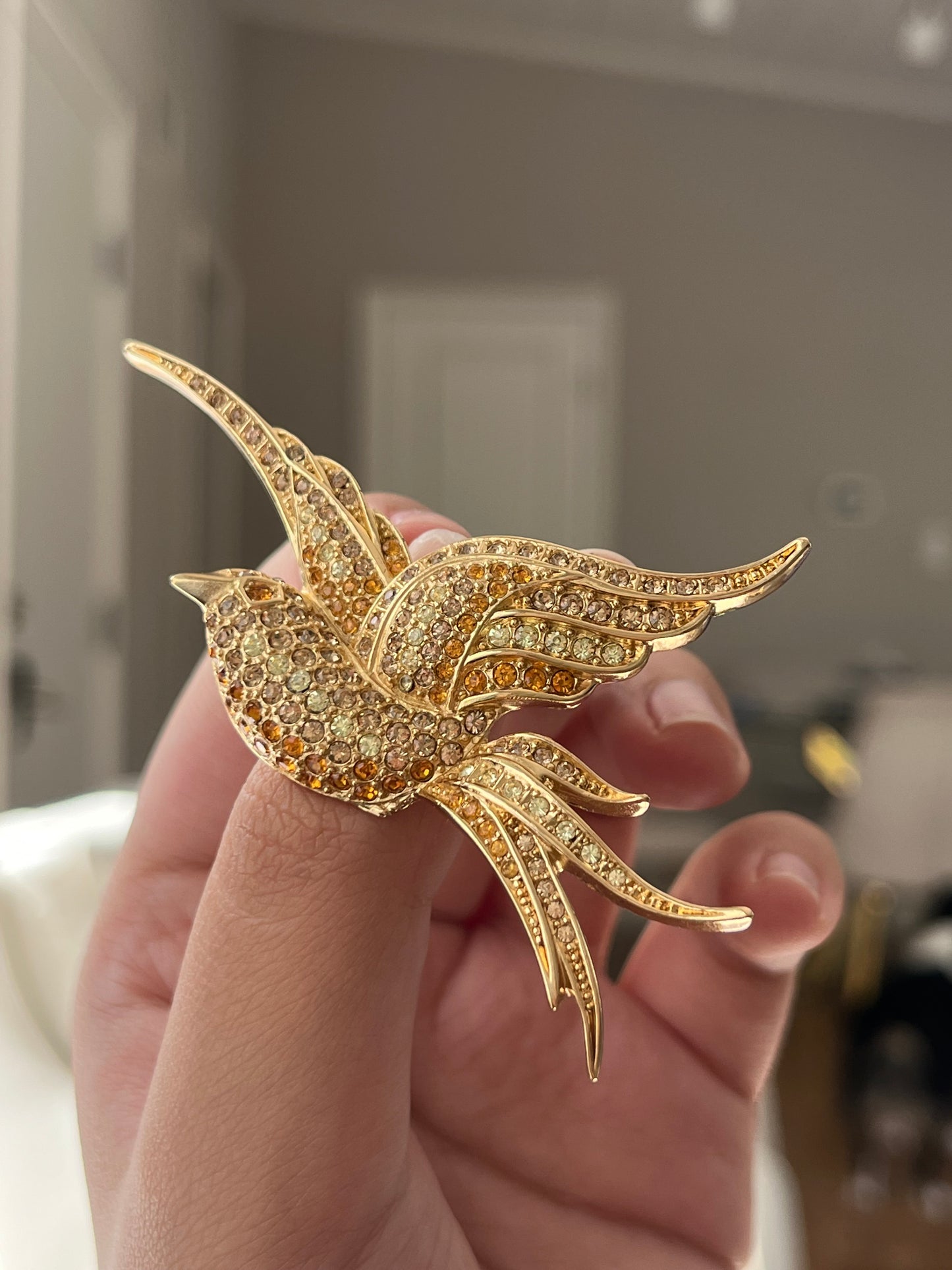 Vintage Christian Dior "Swallow" Bird Yellow Orange Rhinestone Pavé Gold-Tone Brooch