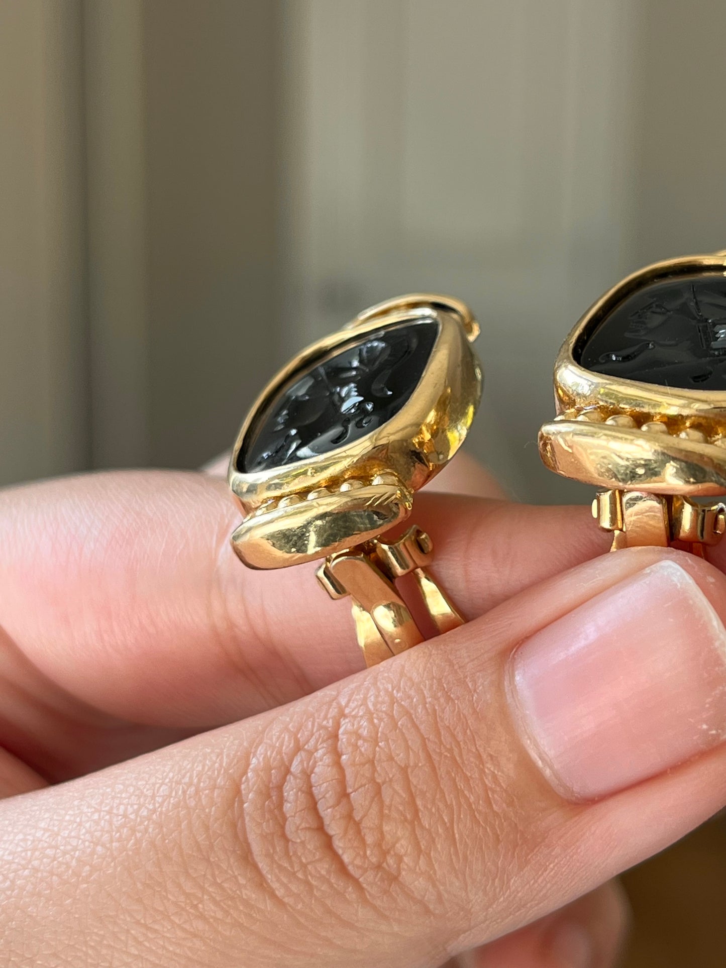 Vintage Givenchy Greek Hoplite Cameo Black Molded Glass Cabochon Gold-Tone Clip-On Earrings