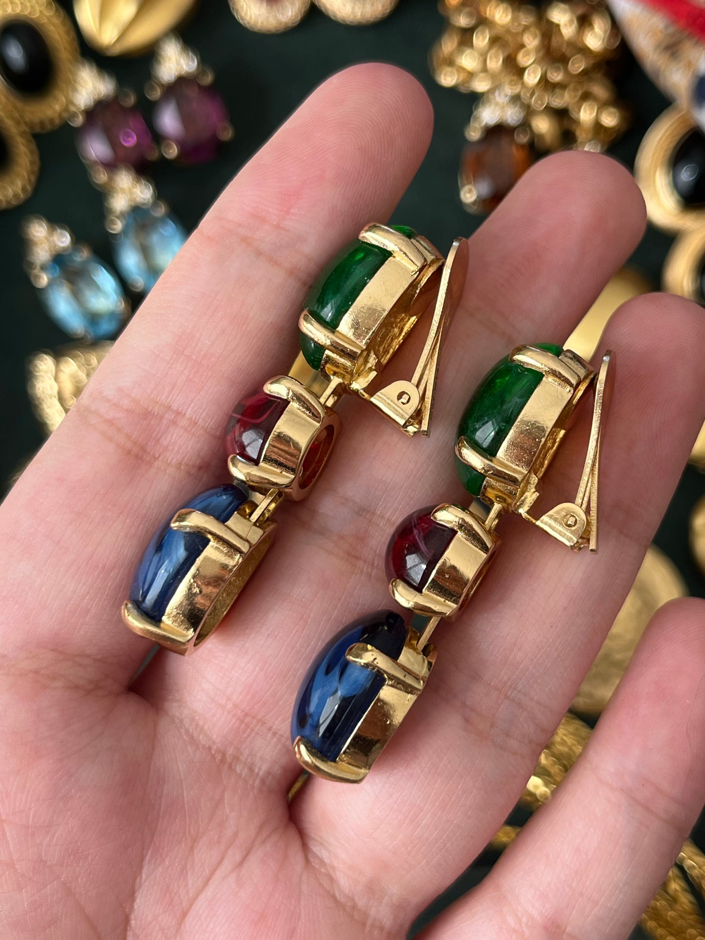 Vintage Christian Dior Tri-Color Oval Poured Swirly Glass Cabochon Prong Drop Gold-Tone Clip-On Earrings