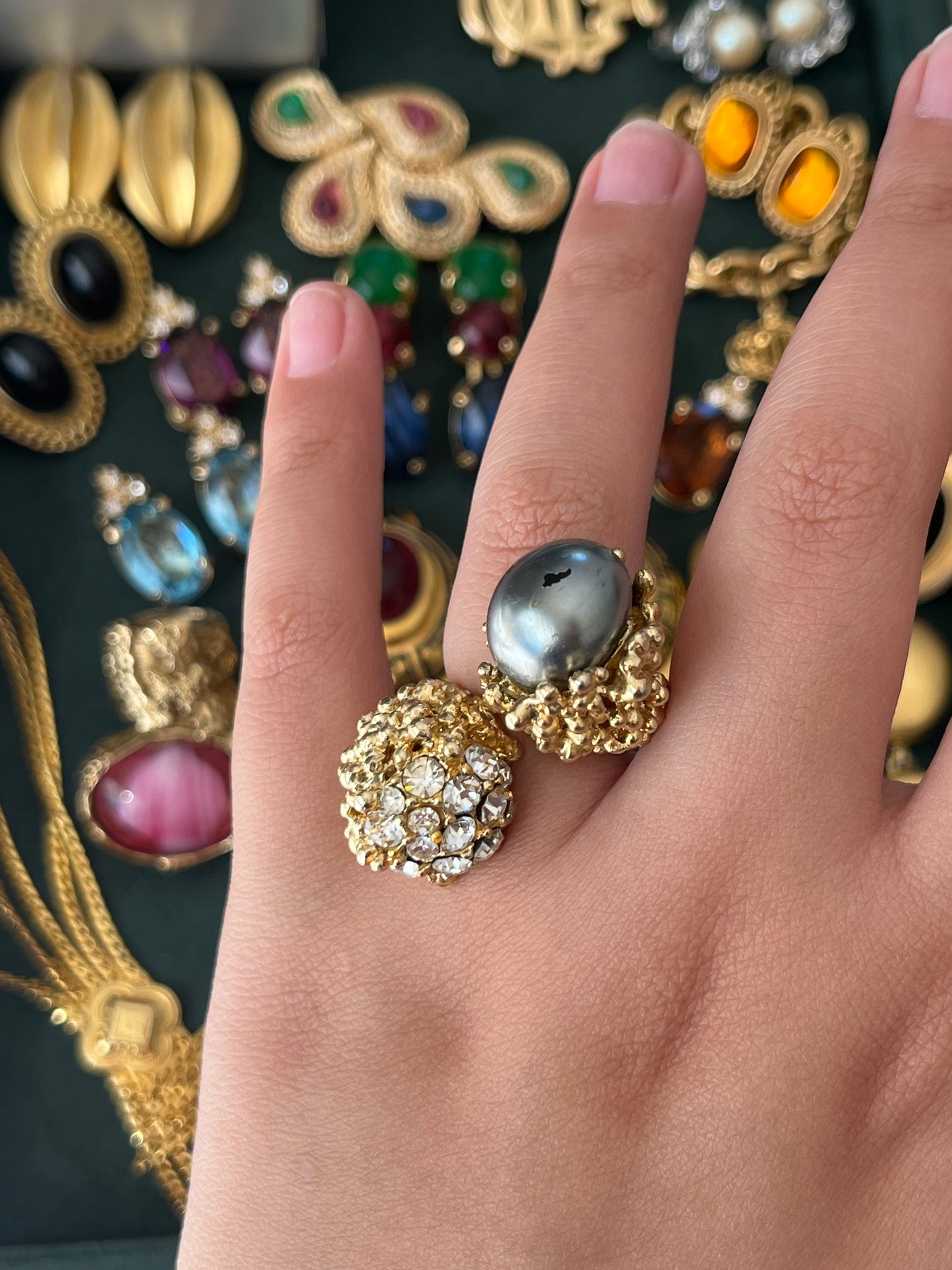 Vintage Grossé (Christian Dior) 1966 Faux Grey Tahitian Pearl Irregular Nugget Gold-Plated Adjustable Open Cocktail Ring