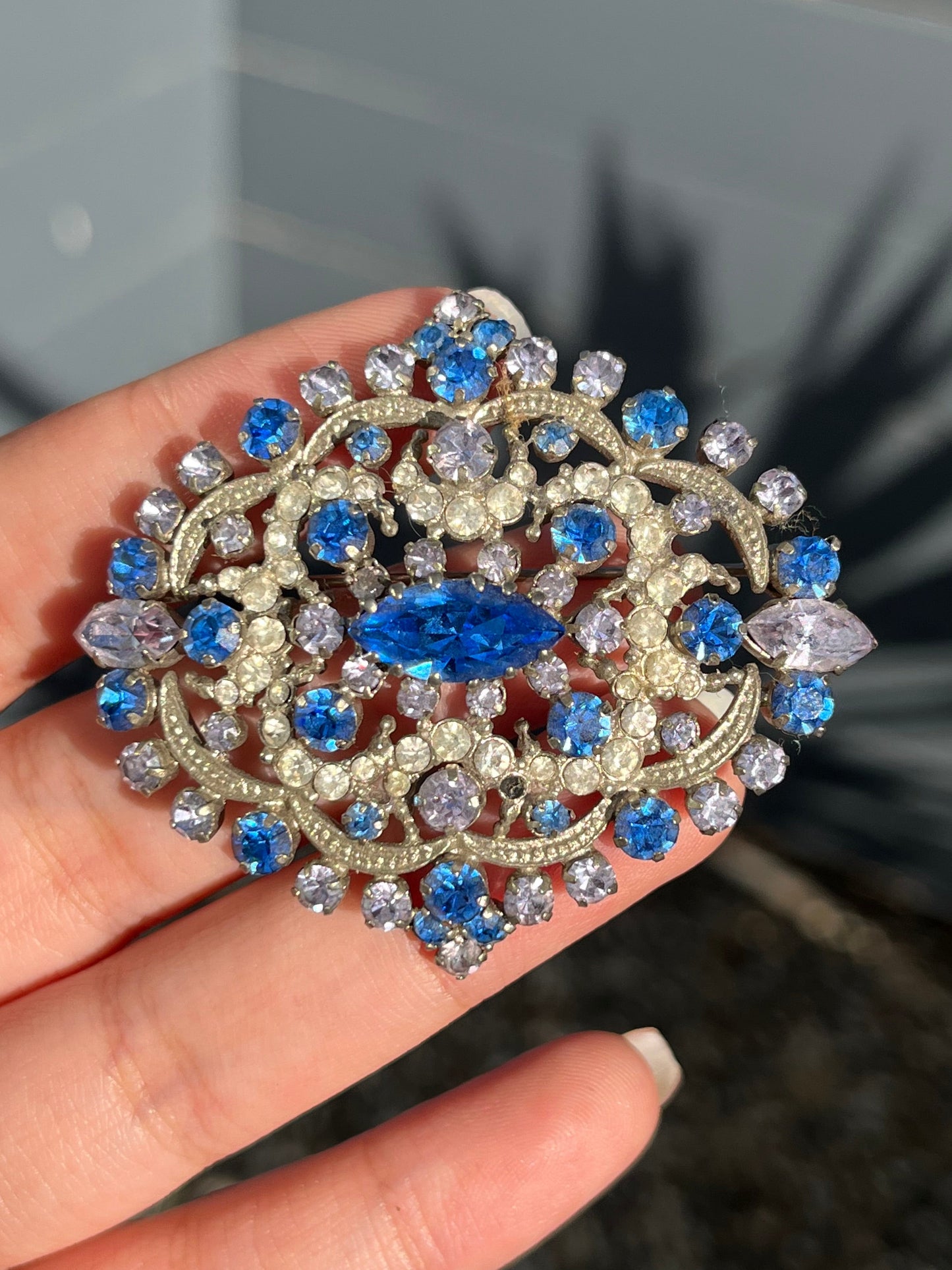 Vintage Made In Austria Blue Purple Clear Rhinestone Silver-Tone Brooch