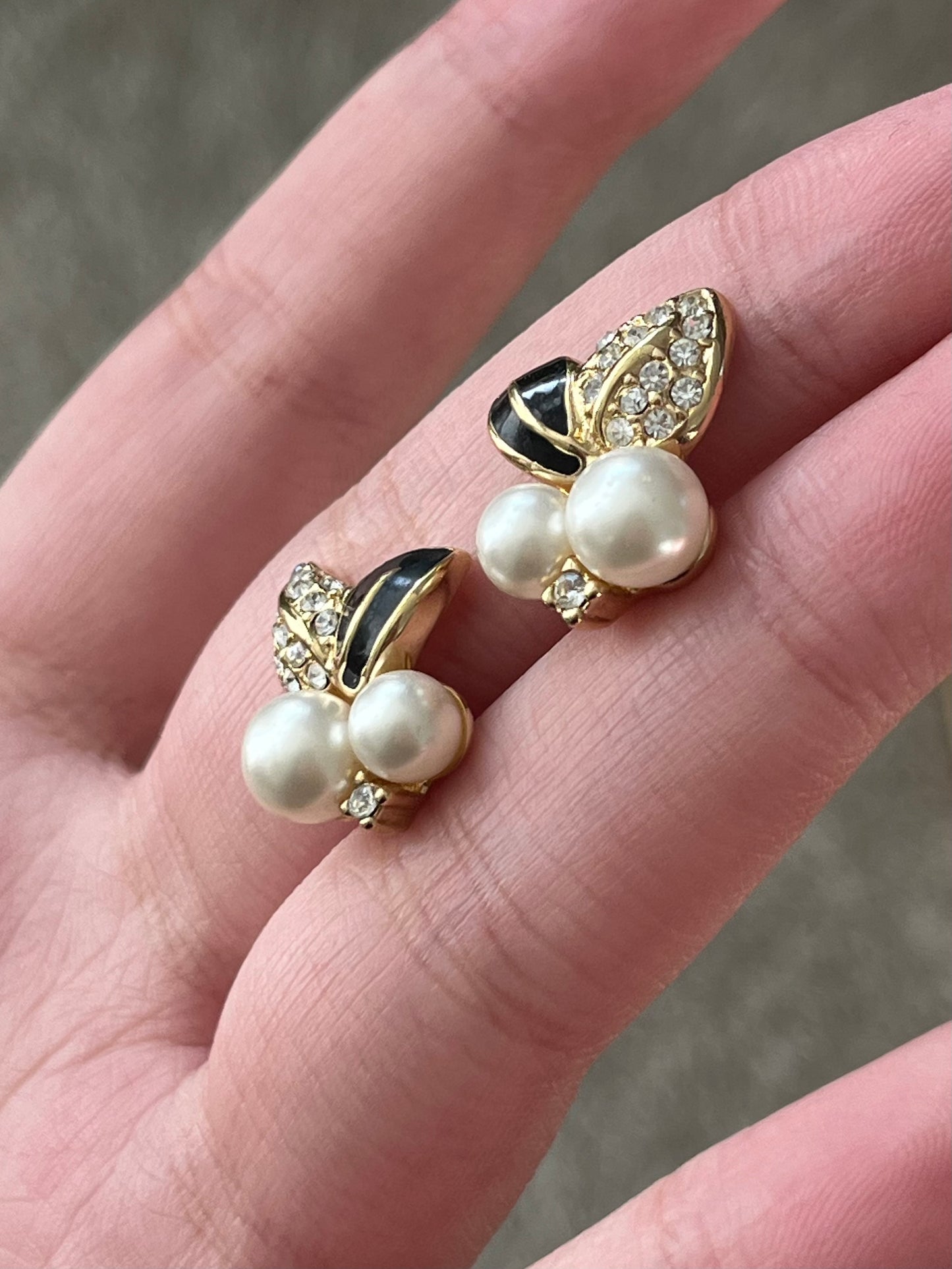 Vintage Christian Dior Fruit Round Pearl Black Enamel Rhinestone Pavé Gold-Tone 14k Gold Post Mini Pierced Earrings