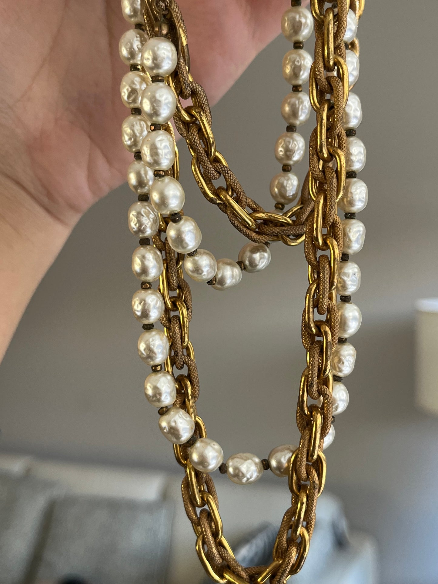 Vintage Miriam Haskell Classic "Niki" Baroque Glass Pearl Bronze-Tone Chain Long Necklace Set