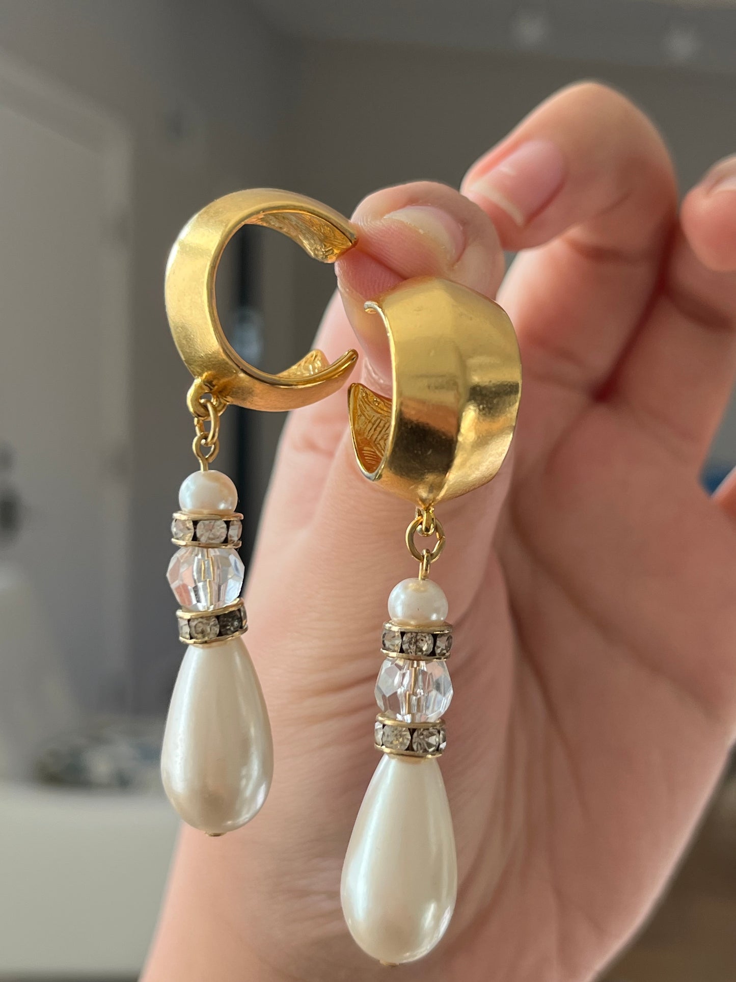 Vintage Givenchy Matte Gold Hoop Crystal Teardrop Pearl Dangle Drop  Long Shoulder Brush Sterling Silver Post Pierced Earrings
