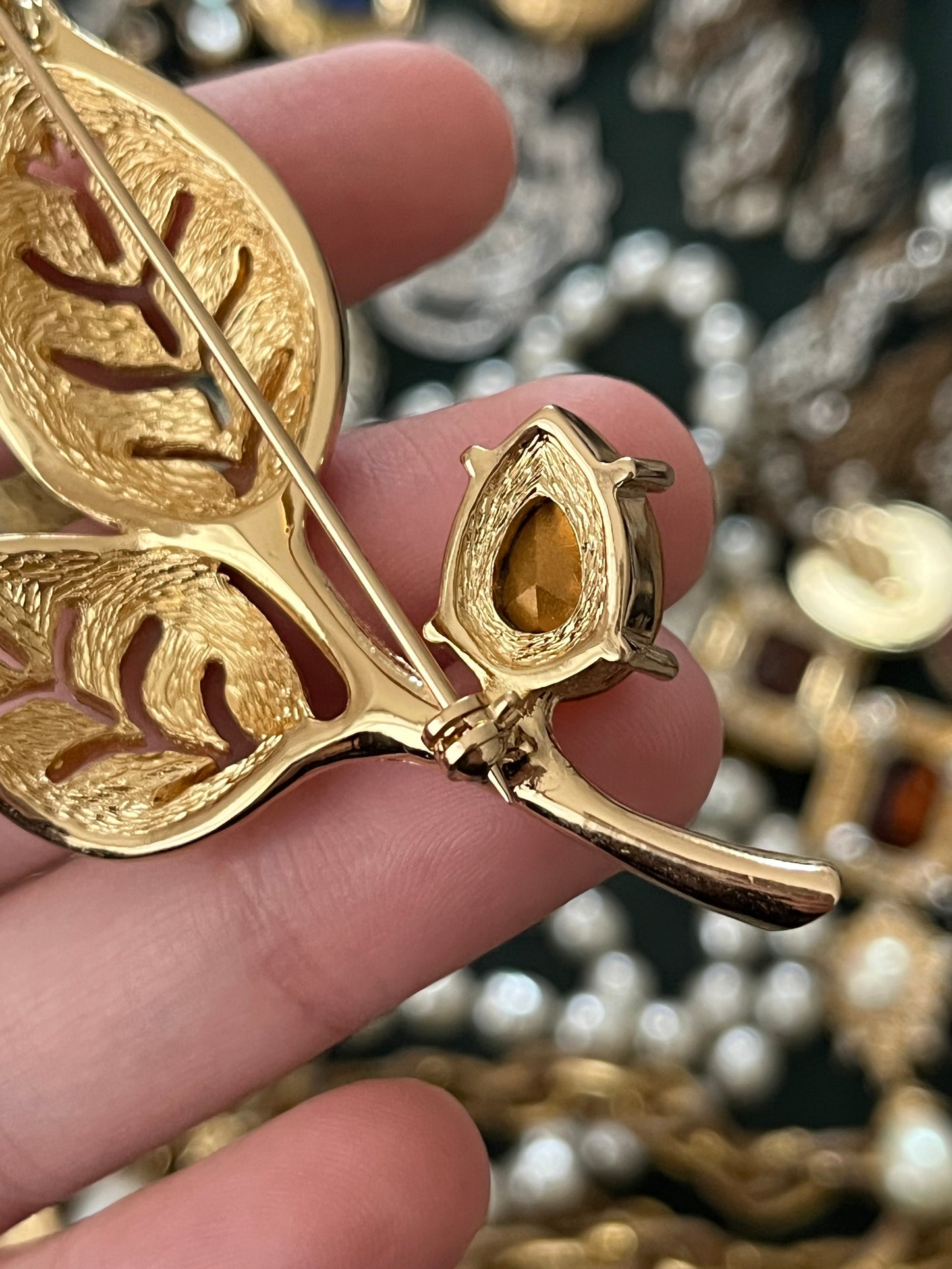 Vintage Christian Dior Leaf Branch Teardrop Orange Rhinestone Prong Gold-Tone Brooch