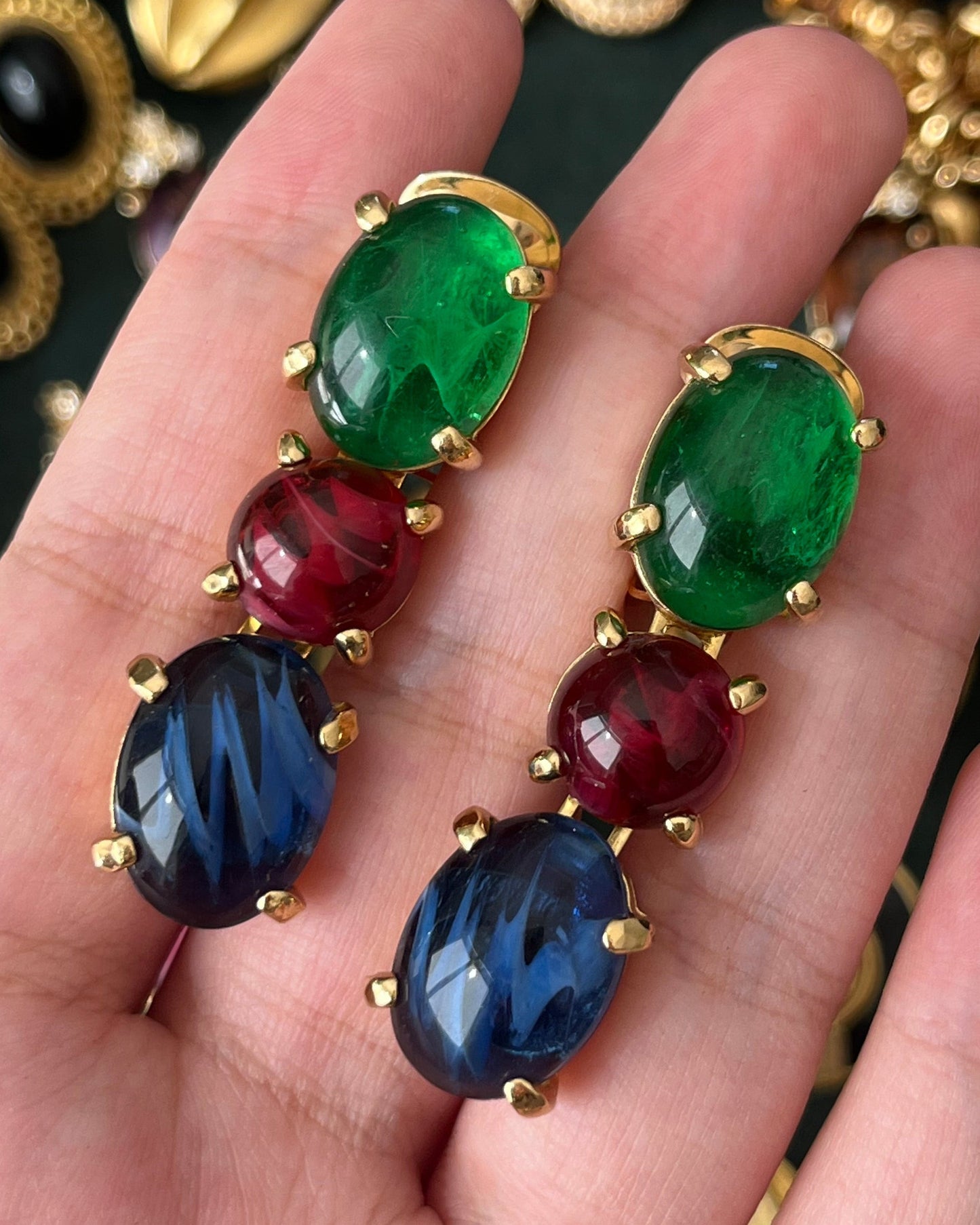 Vintage Christian Dior Tri-Color Oval Poured Swirly Glass Cabochon Prong Drop Gold-Tone Clip-On Earrings