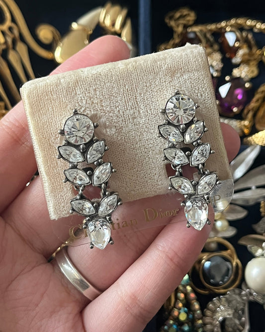 Vintage Christian Dior "Ears of Wheat" Marquise Rhinestone Drop Patinated Silver-Plated Clip-On Earrings with Original Card