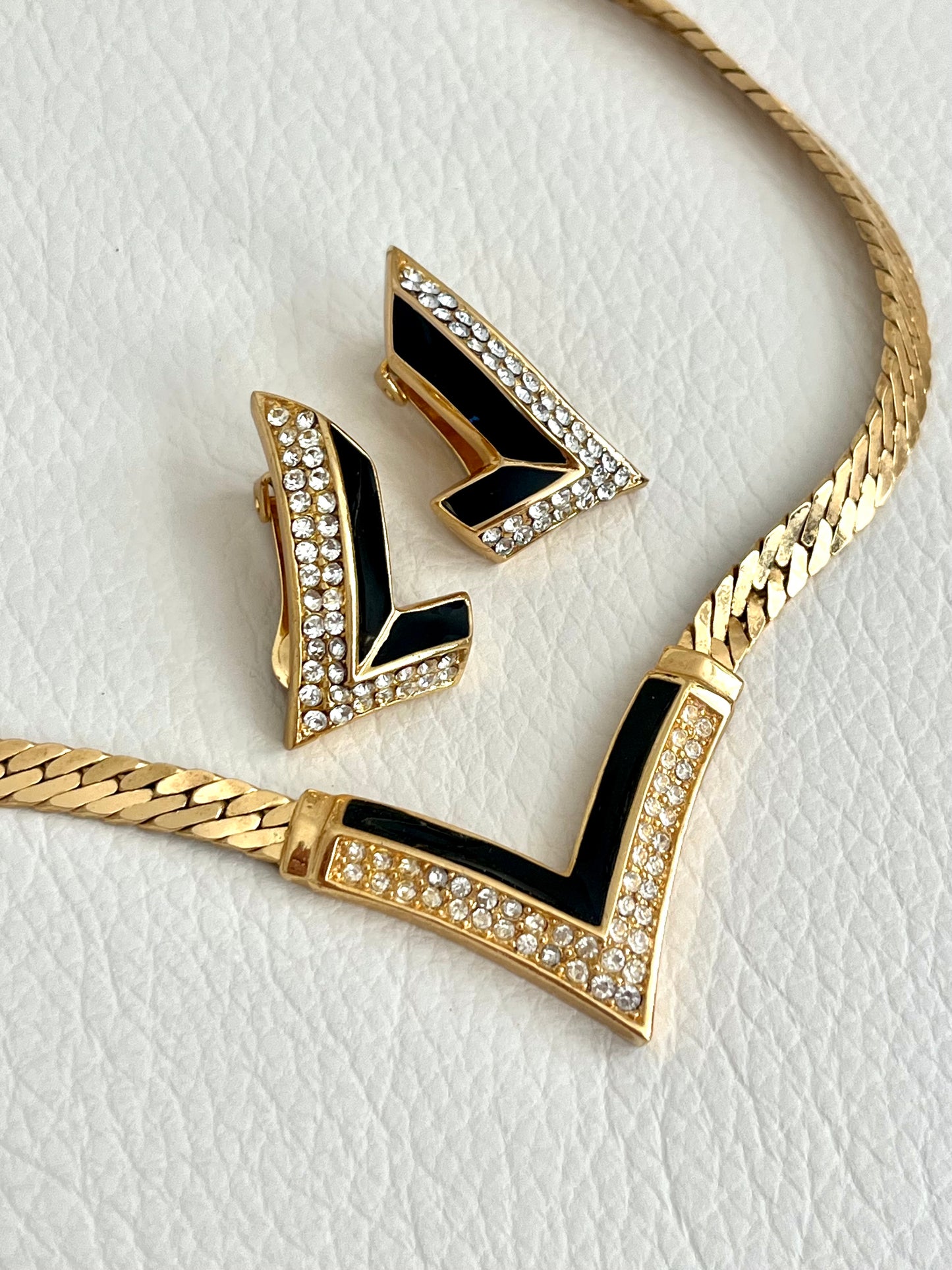 Vintage Christian Dior “V” Rhinestone Pavé Black Enamel Gold-Tone Clip-On Earrings Necklace Set