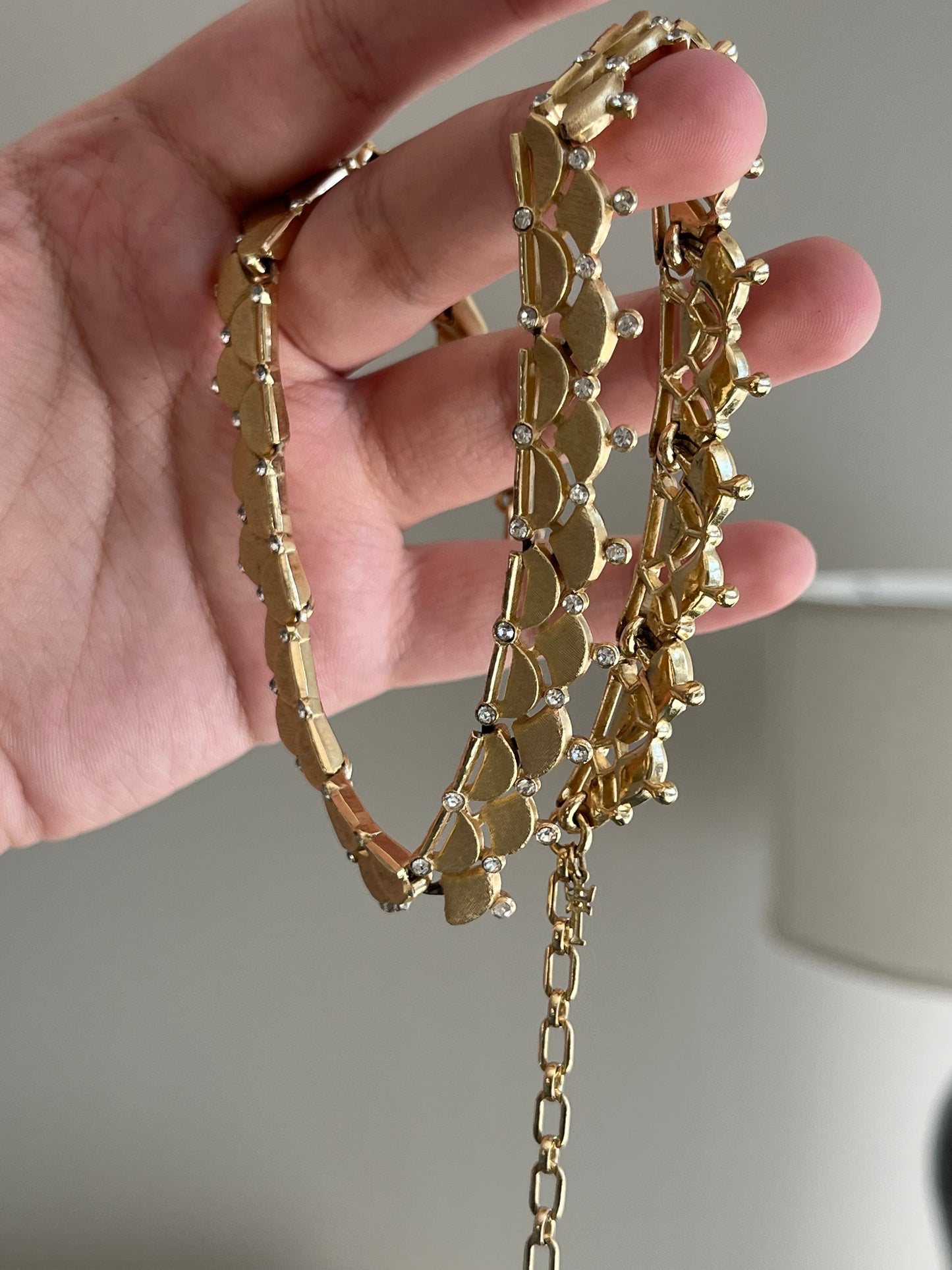 Vintage Crown Trifari "Dagon Scale" Layered Pedal Rhinestone Gold-Tone Choker Necklace