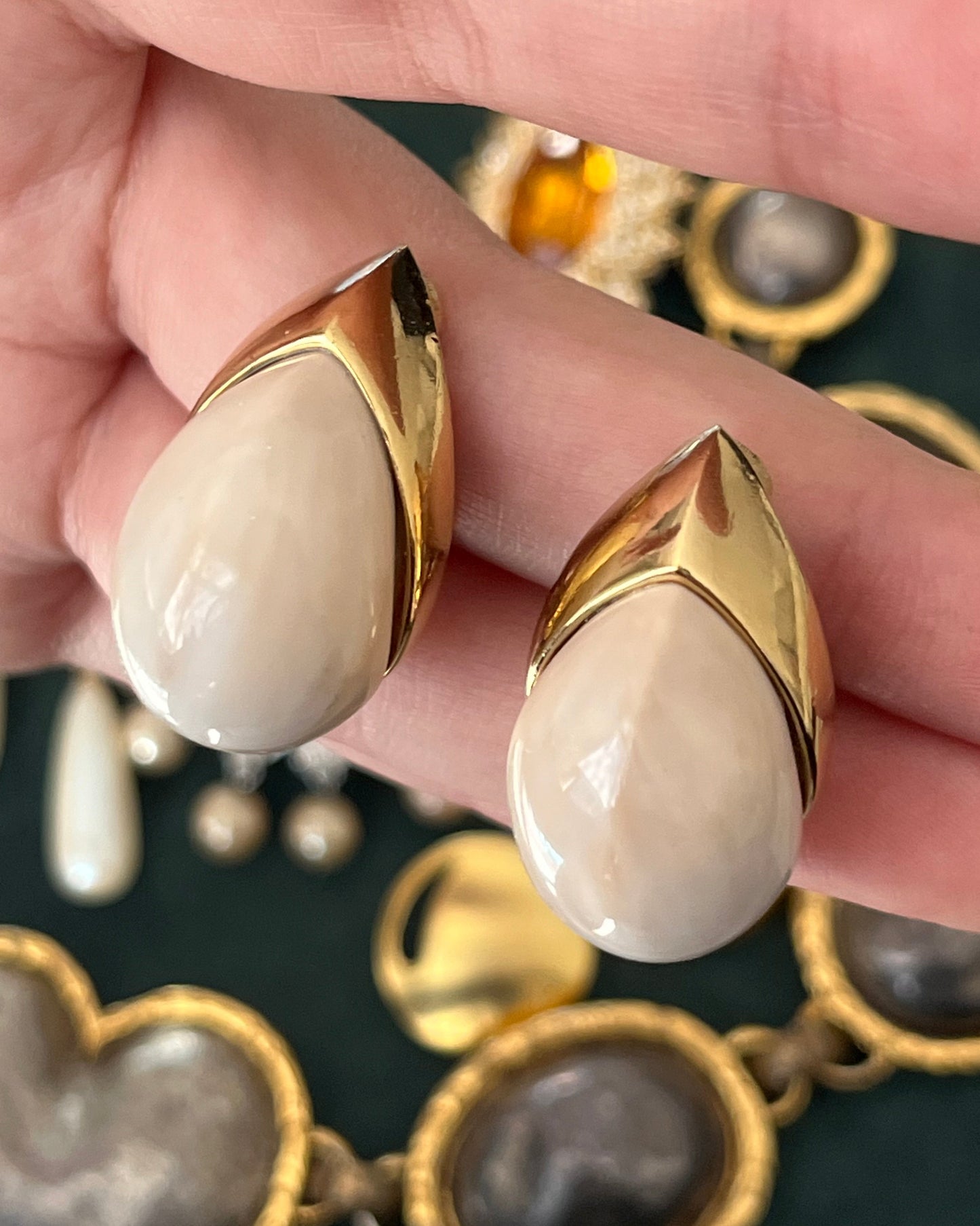 Vintage Givenchy Teardrop Cream Faux Marble Shell Resin Cabochon Gold-Tone Clip-On Earrings