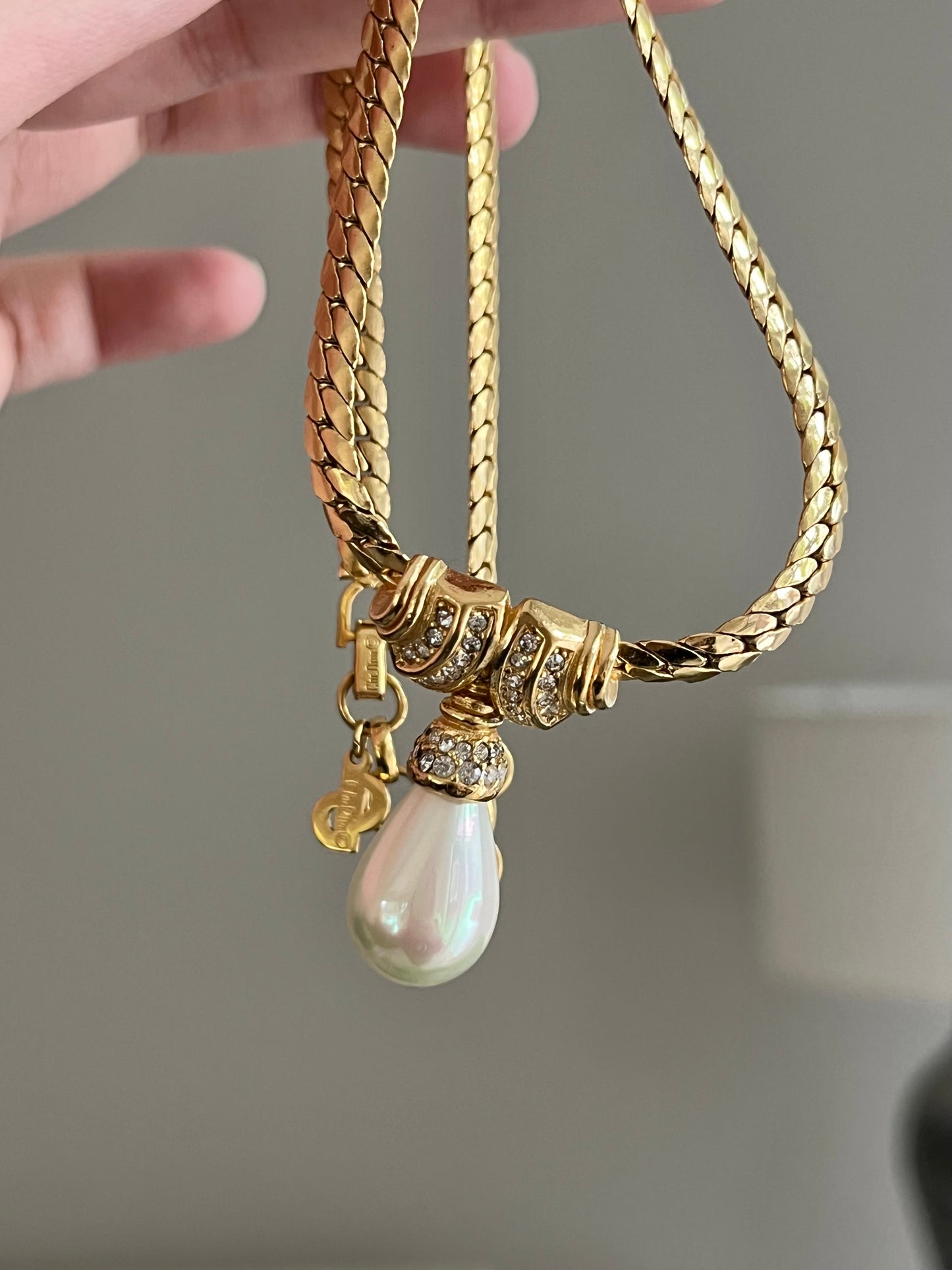 Vintage Christian Dior Rhinestone Knot Teardrop Pearl Drop Gold-Tone Necklace