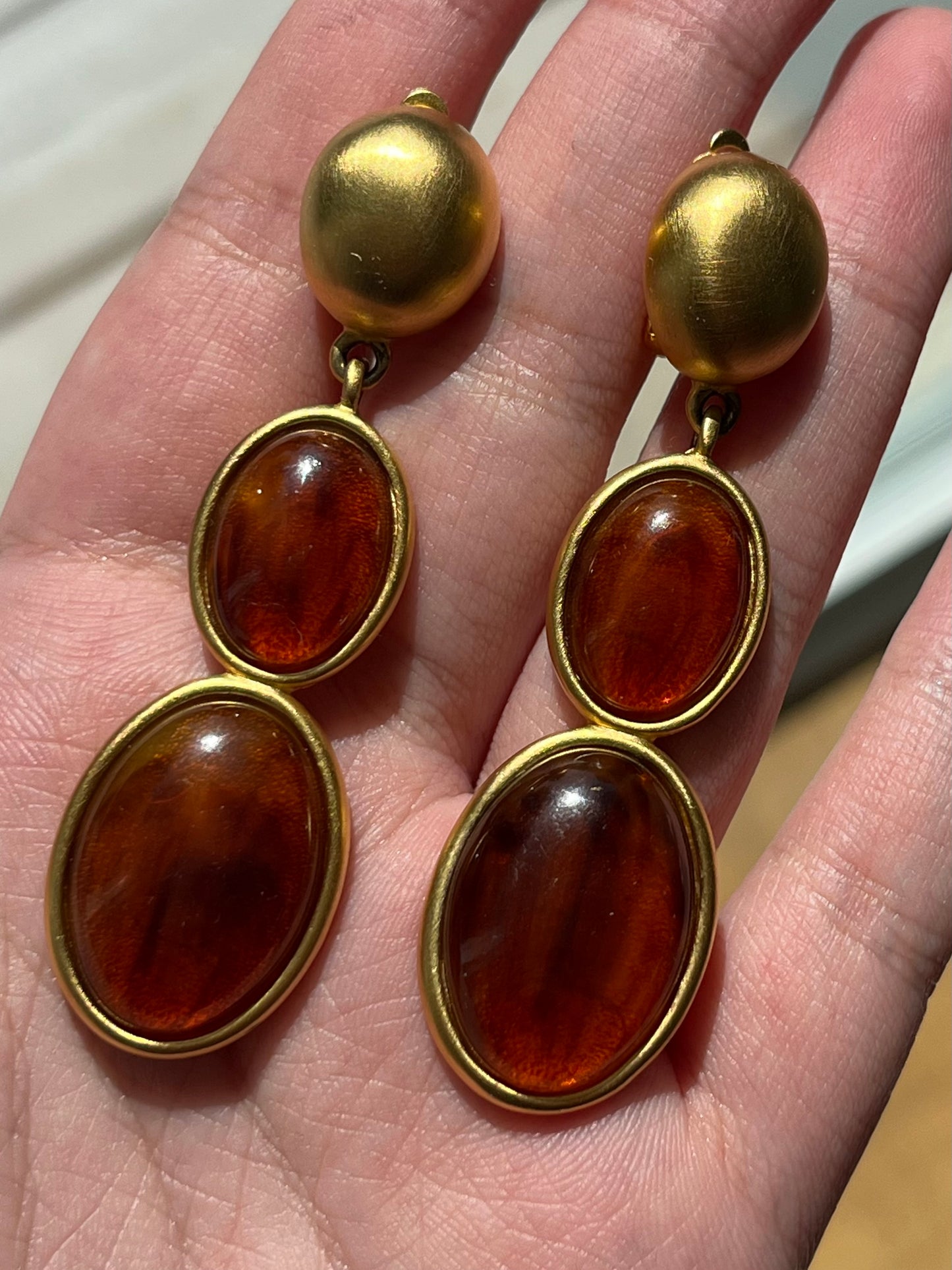 Vintage Givenchy Oval Amber Swirly Resin Cabochon Dangle Drop Long Shoulder Brush Matte Gold-Tone Clip-On Earrings