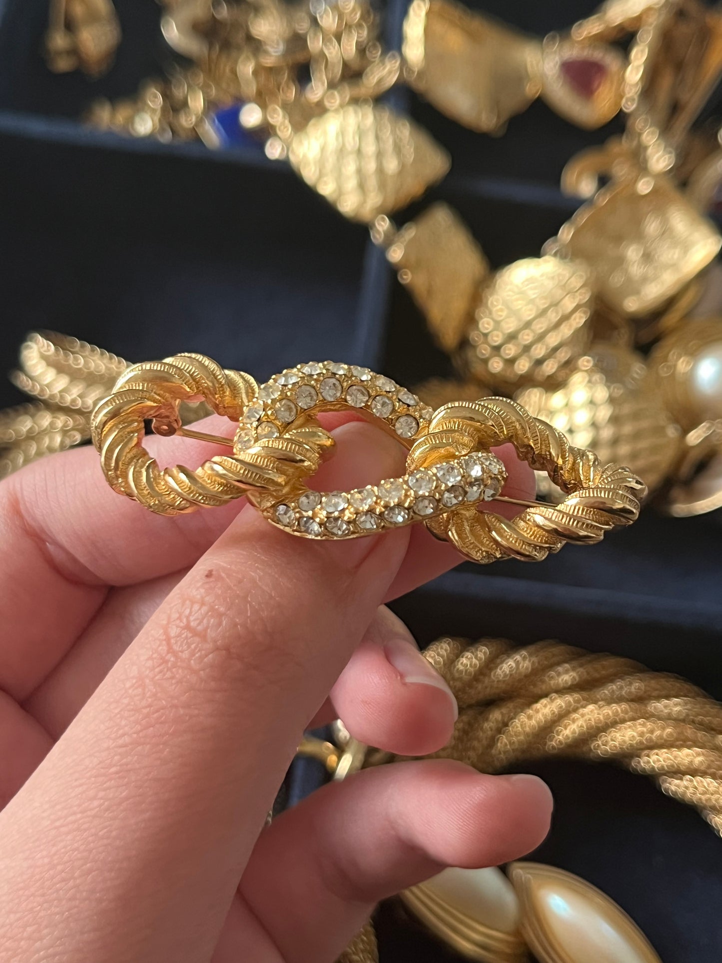 Vintage Christian Dior "Rope" Collection Braided Knot Brushed Gold Rhinestone Gold-Tone Bar Brooch