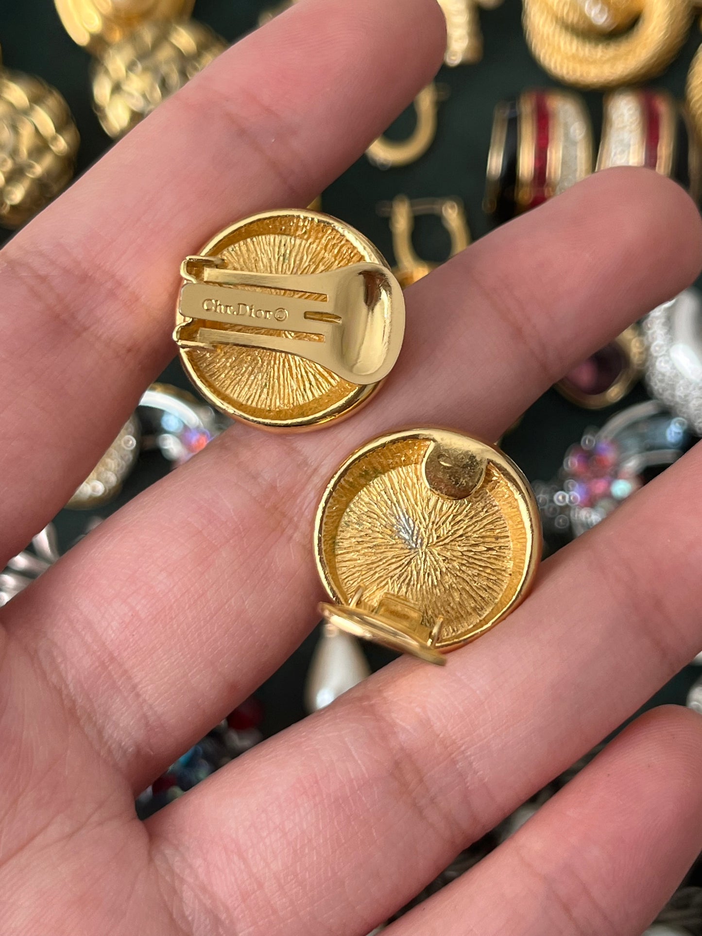 Vintage Christian Dior Round Black Poured Glass Cabochon Rhinestone Gold-Tone Clip-On Earrings