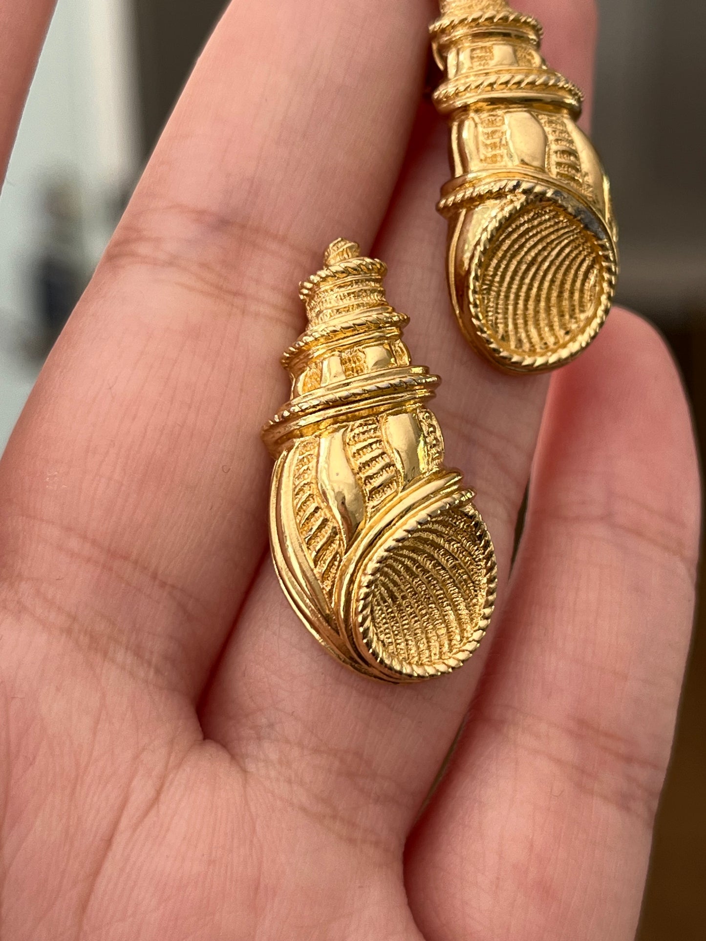 Vintage Christian Dior Sea Shell Brushed Gold-Tone 14k Gold Post Pierced Earrings