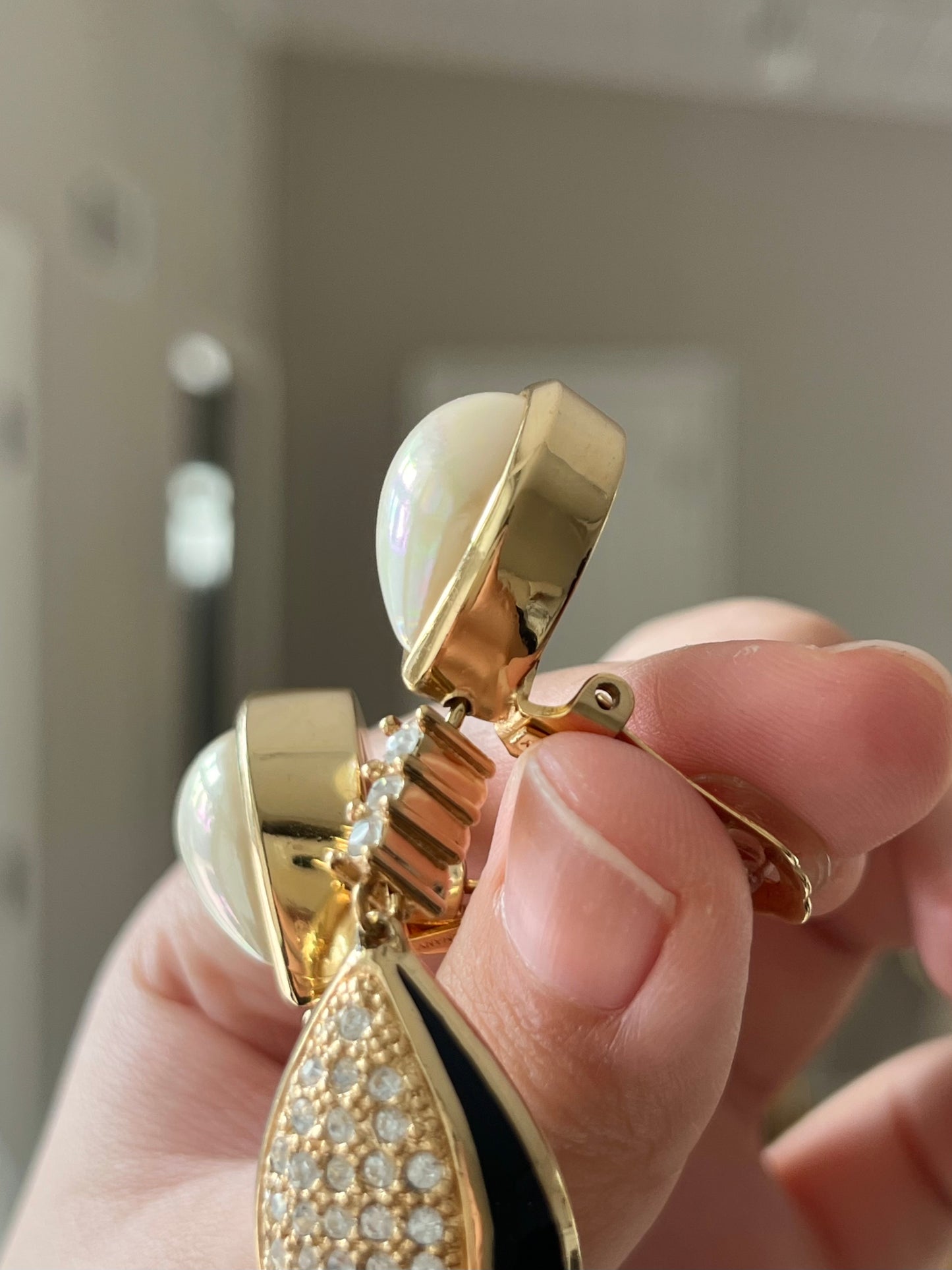 Vintage Christian Dior Pearl Black Enamel Rhinestone Pavé Teardrop Dangle Drop Long Shoulder Brush Two-Side Gold-Tone Clip-On Earrings