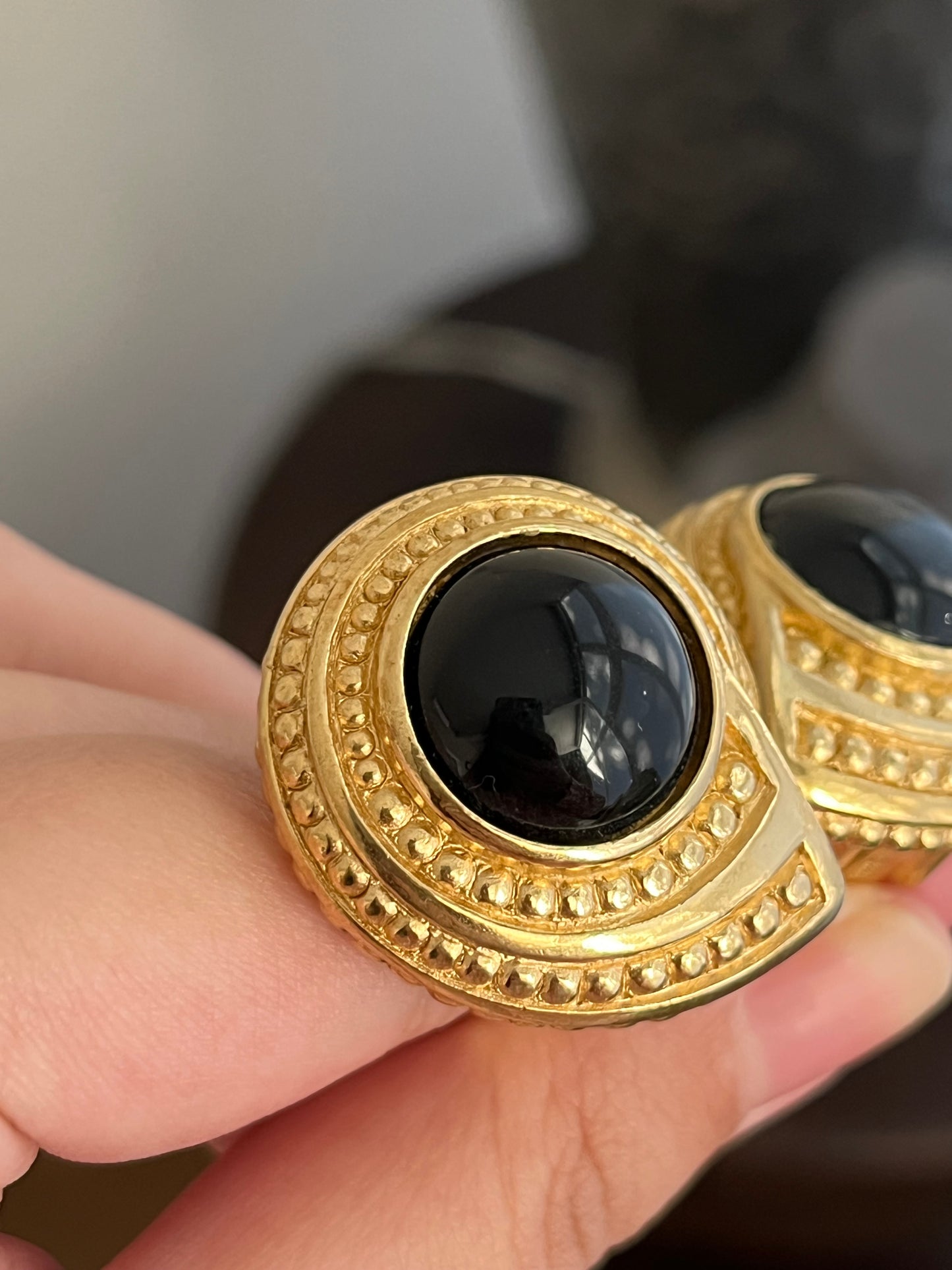 Vintage Christian Dior Sea Shell Round Black Poured Glass Cabochon Swirl Dotted Edge Gold-Plated Clip-On Earrings