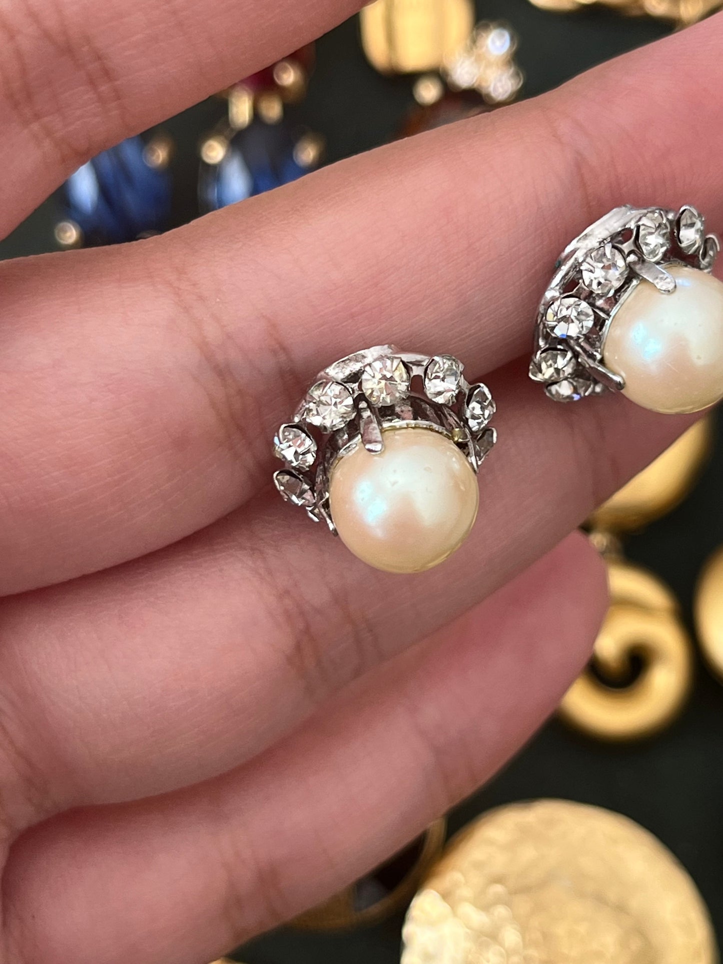 Vintage Christian Dior 1960 Pearl with Rhinestone Edge Mini Round Silver-Tone Clip-On Earrings