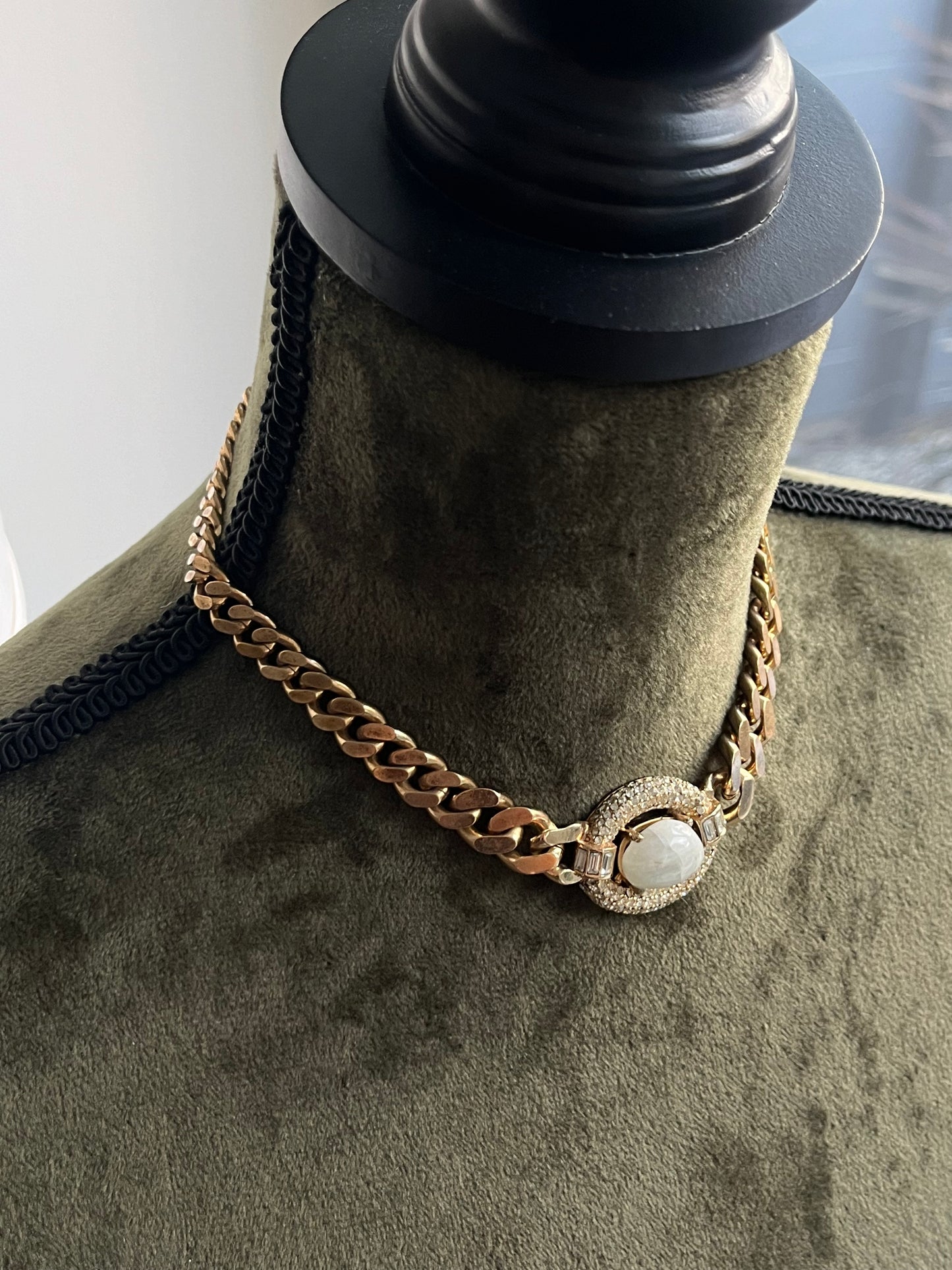 Vintage Christian Dior Irregular Milky White Swirly Poured Glass Cabochon Prong Rhinestone Pavé Edge Gold-Tone Chain Necklace