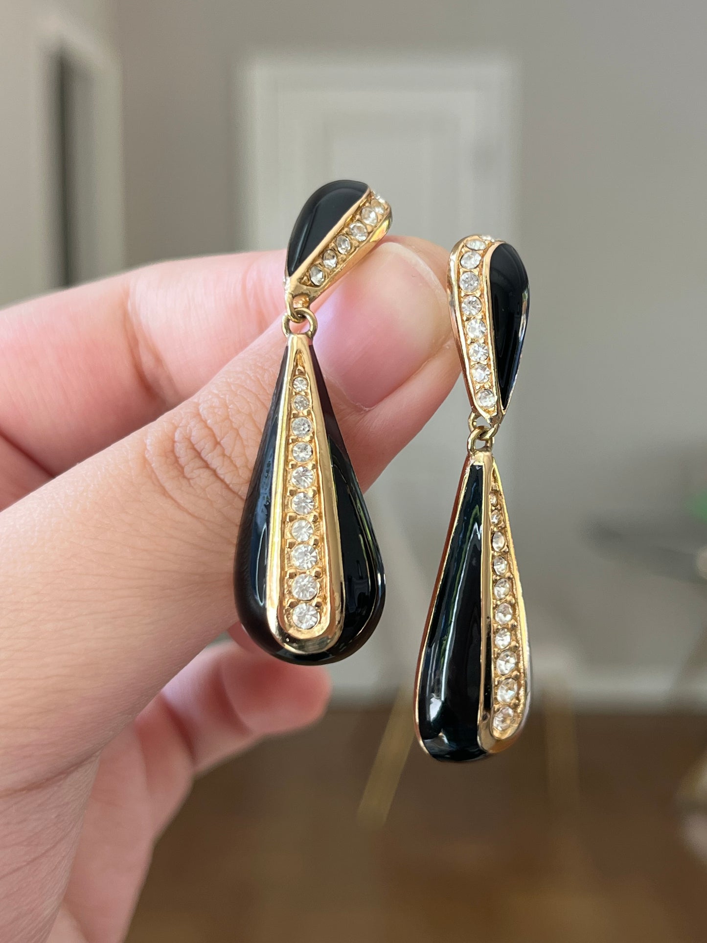 Vintage Christian Dior Teardrop Dangle Drop Black Enamel Rhinestone Gold-Tone 14k Gold Post Pierced Earrings