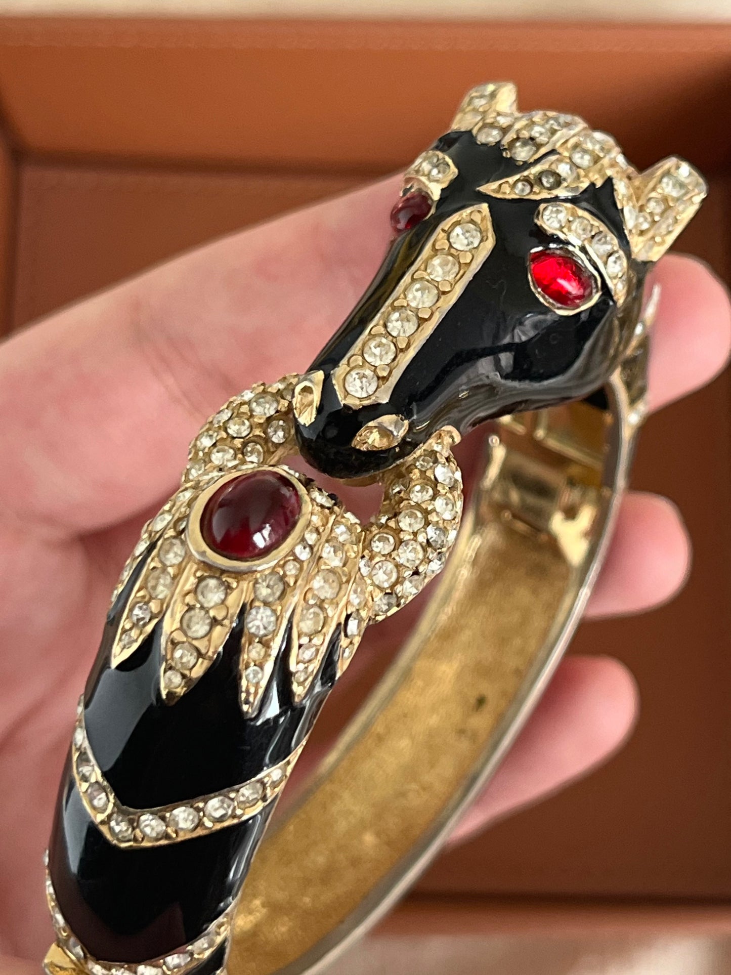 Vintage Ciner "Scultural Animal Head" Collection Horse Red Poured Glass Cabochon Black Enamel Rhinestone Pavé Bangle