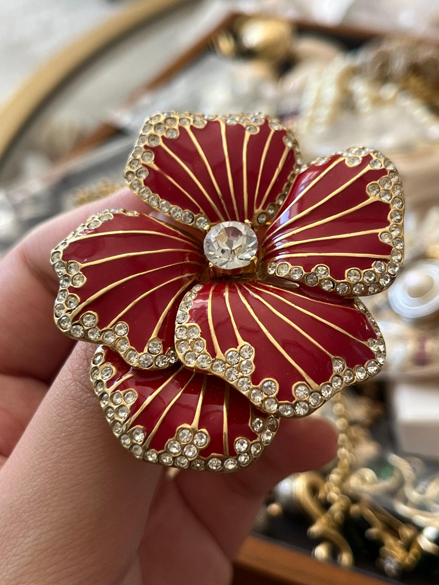 Vintage Ciner Dahlia Flower Red Enamel Rhinestone Edge Stripped Gold-Tone Brooch