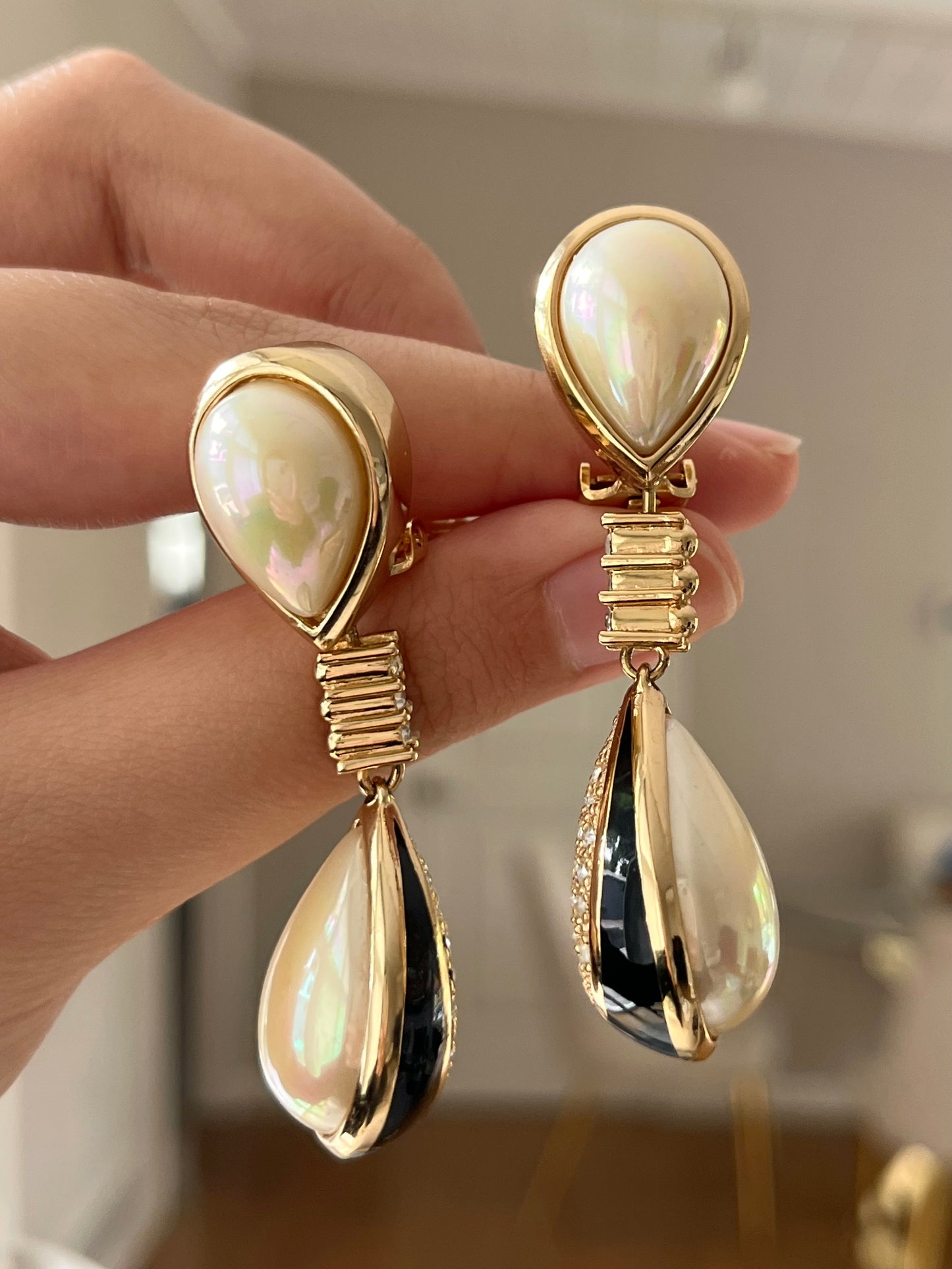 Vintage Christian Dior Pearl Black Enamel Rhinestone Pavé Teardrop Dangle Drop Long Shoulder Brush Two-Side Gold-Tone Clip-On Earrings