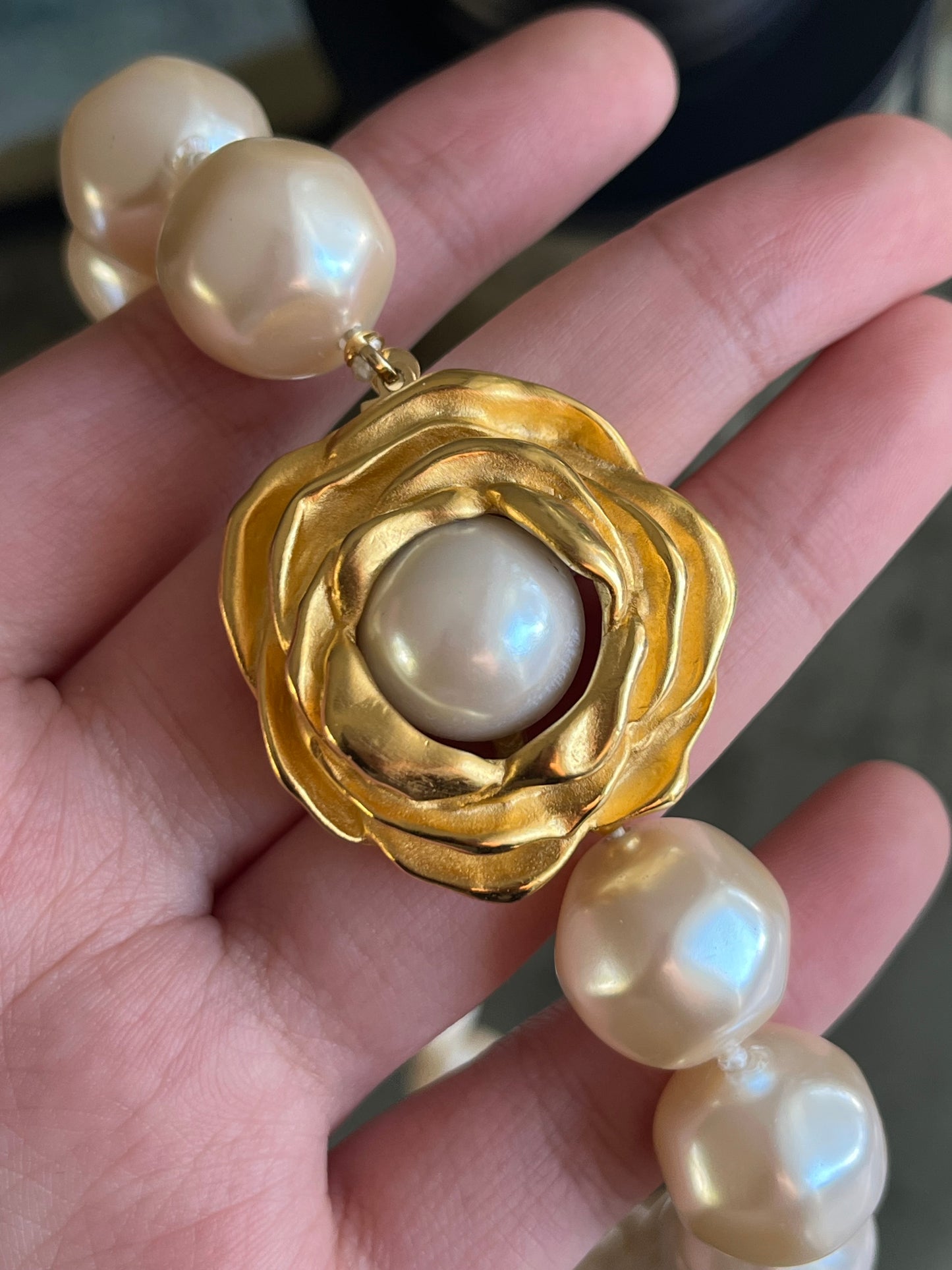 Vintage Givenchy "Rose" Collection Large Baroque Pearl Matte Gold Beaded Statement Necklace