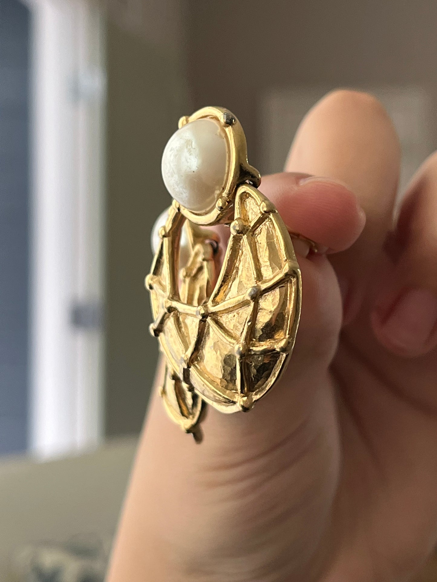 Vintage Givenchy Door Knocker Round Pearl Quilted Drop Gold-Tone Clip-On Earrings