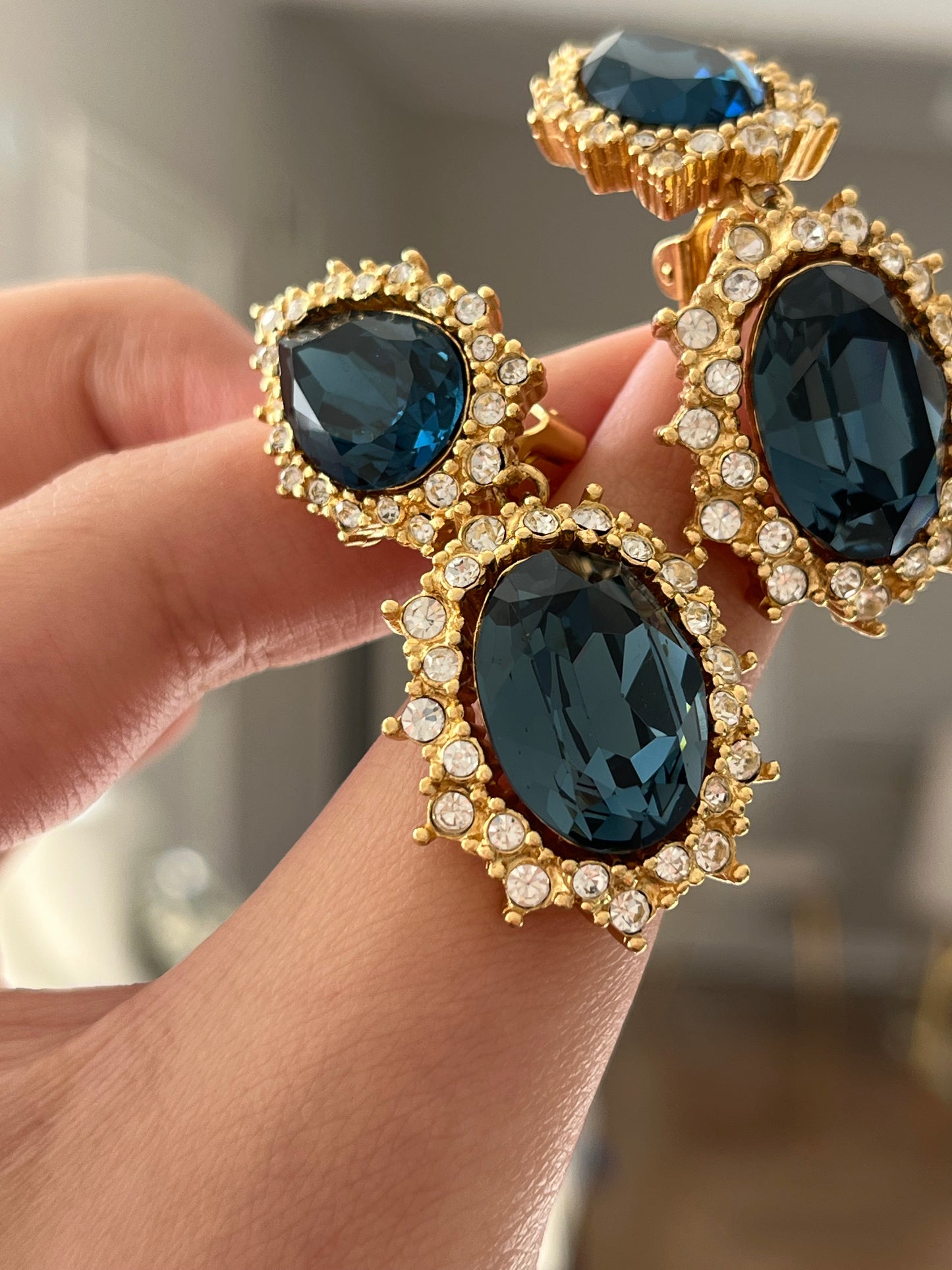 Vintage Christian Dior "Starburst" Collection Oval Blue Rhinestone Drop Dangle Gold-Tone Clip-On Earrings