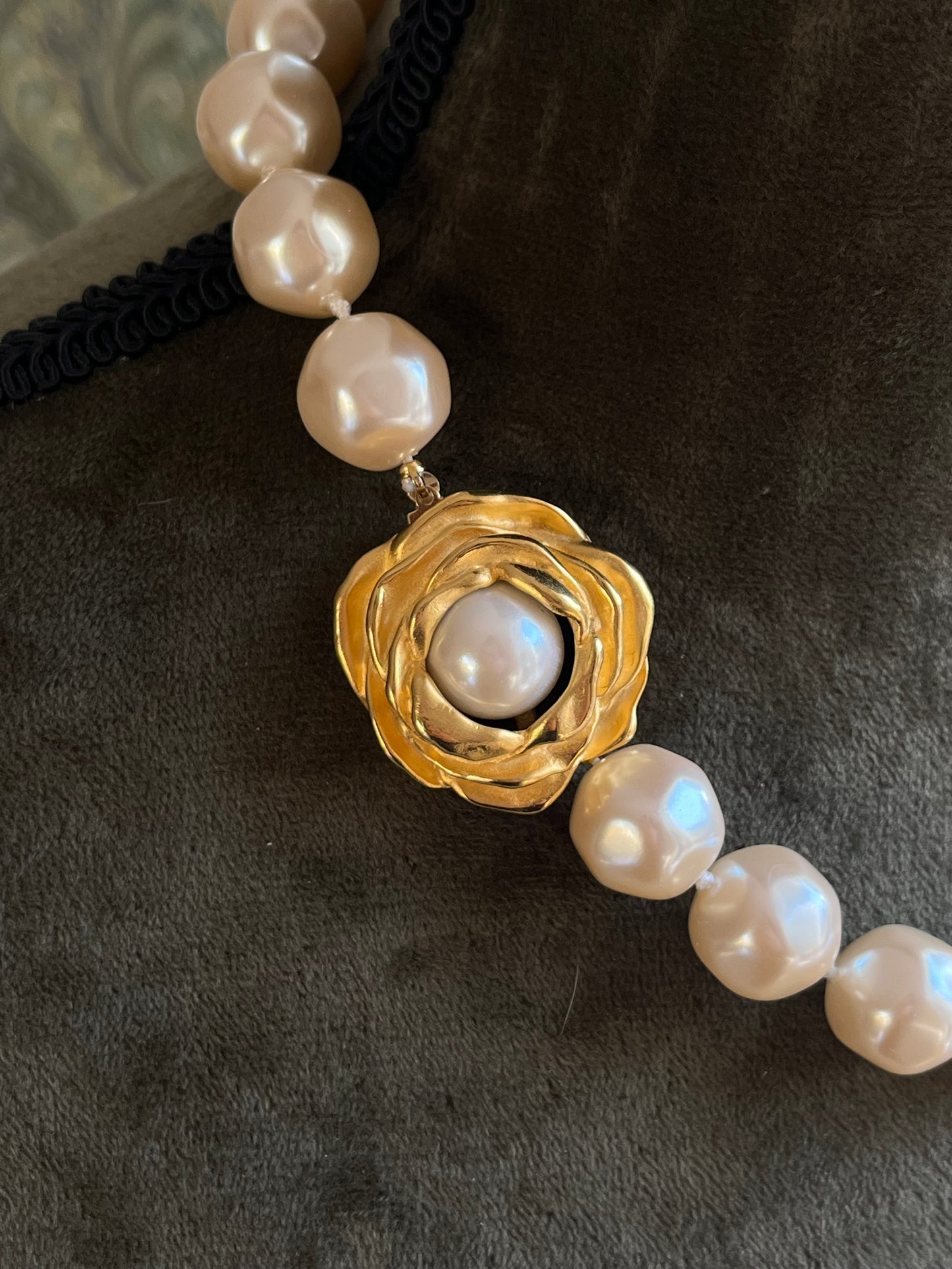 Vintage Givenchy "Rose" Collection Large Baroque Pearl Matte Gold Beaded Statement Necklace