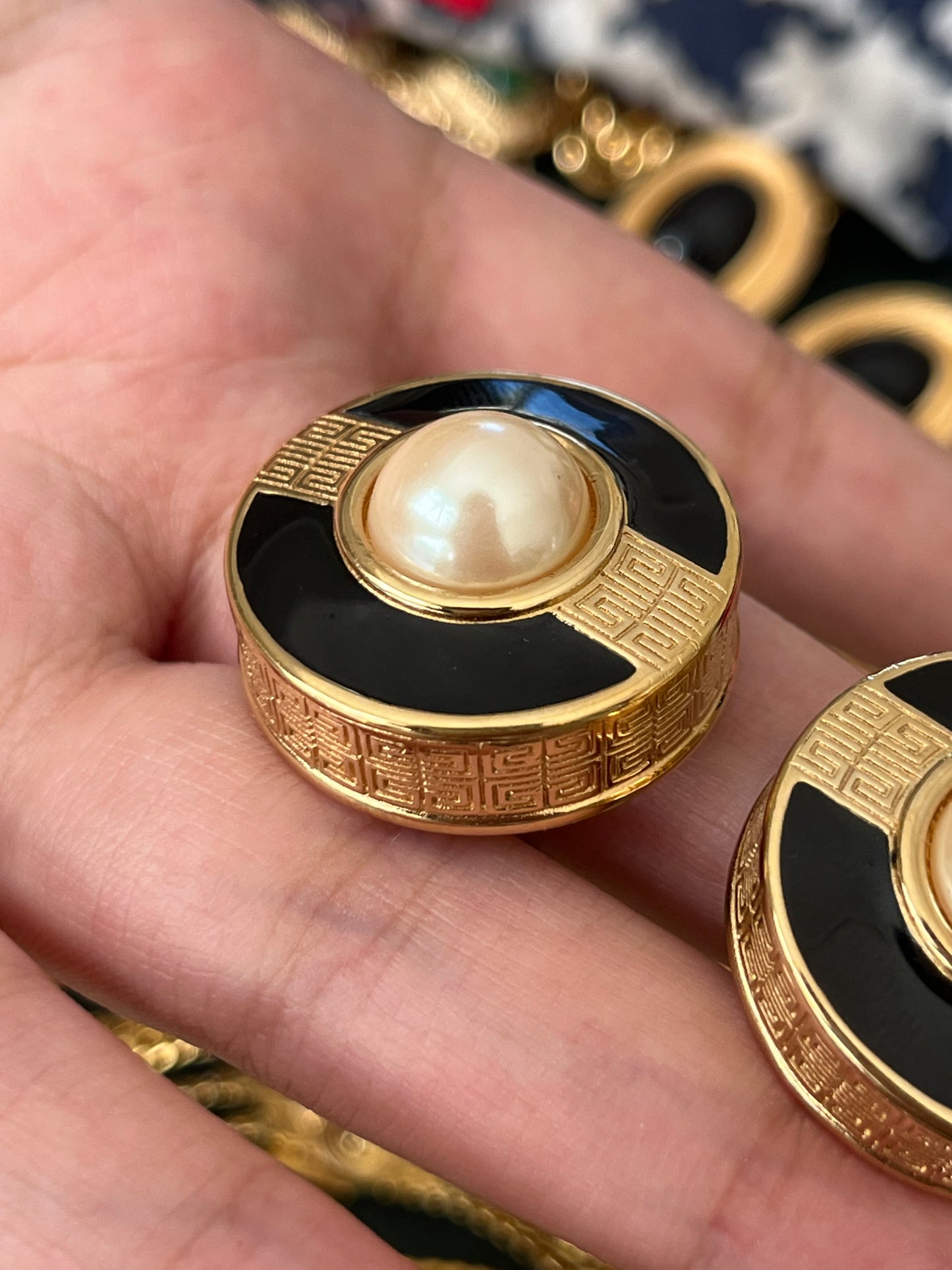 Vintage Givenchy Classic "G" Logo Pearl Black Enamel Round Gold-Plated Clip-On Earrings