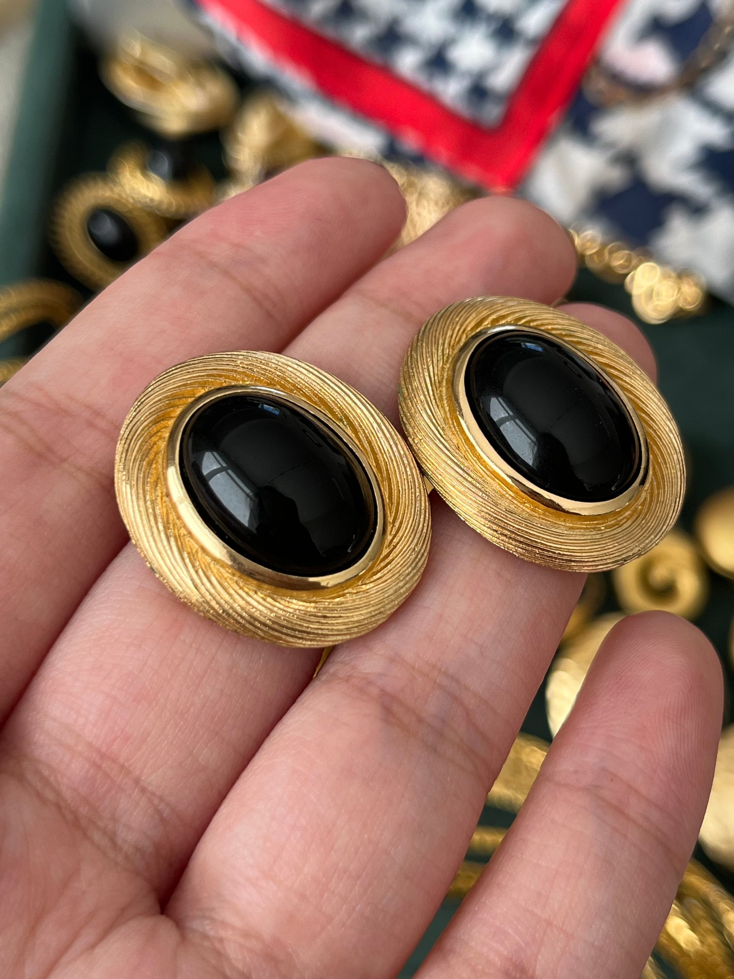 Vintage Christian Dior Oval Black Poured Glass Cabochon Brushed Gold Edge 14k Gold Post Pierced Earrings