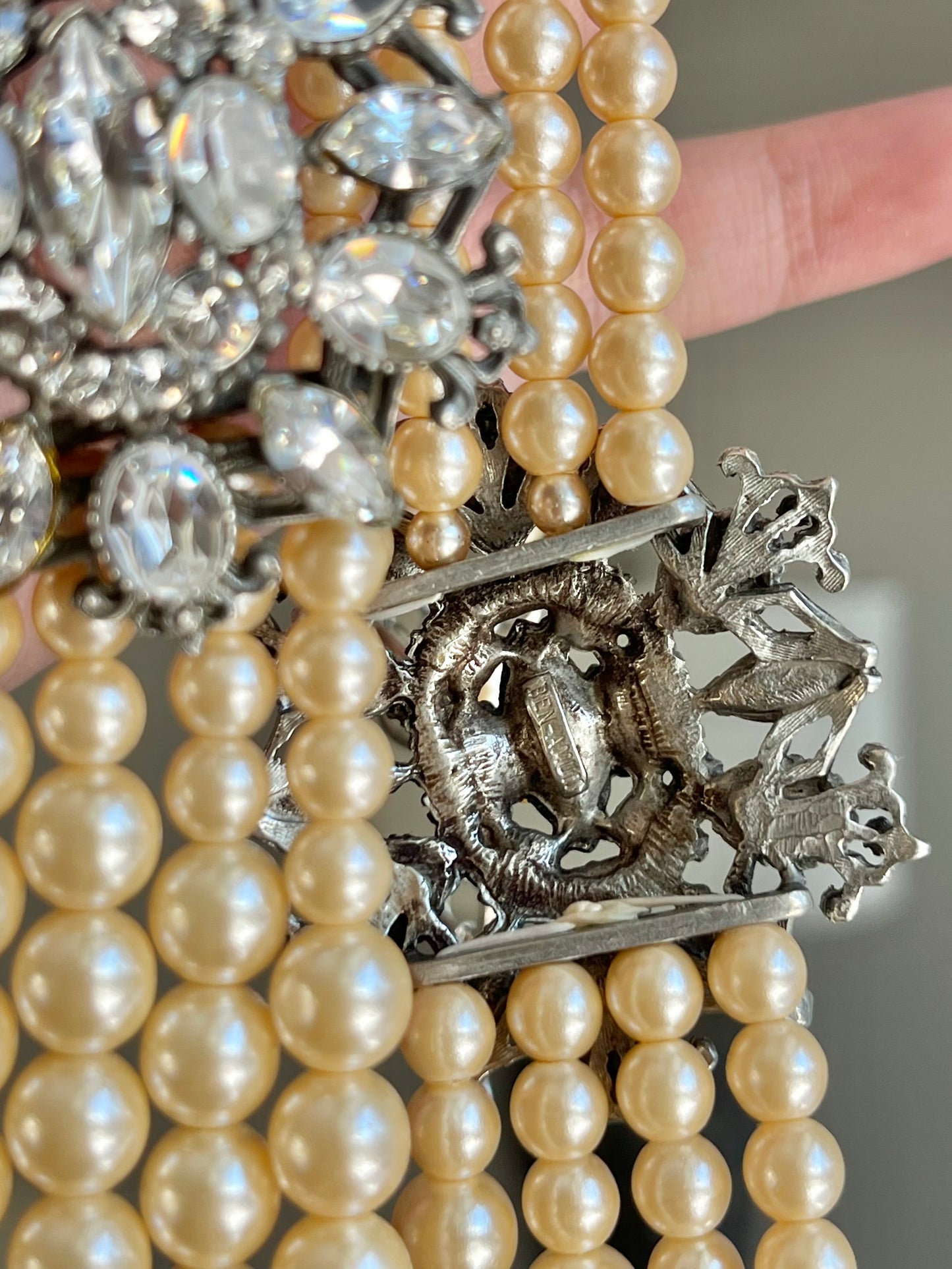 Vintage Ben-Amun Maltese Flower Accent Pearl Beaded Four-Stranded Layered Long Silver-Tone Statement Necklace