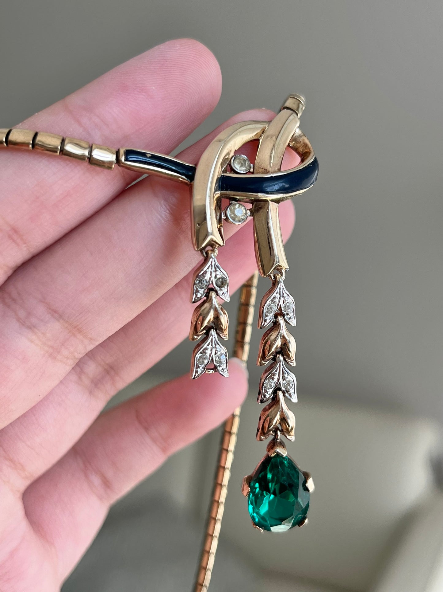 Vintage Trifari “Empress Eugénie” Collection 1940s Oval Topaz Droplet Gold Silver Two-Tone Y Necklace