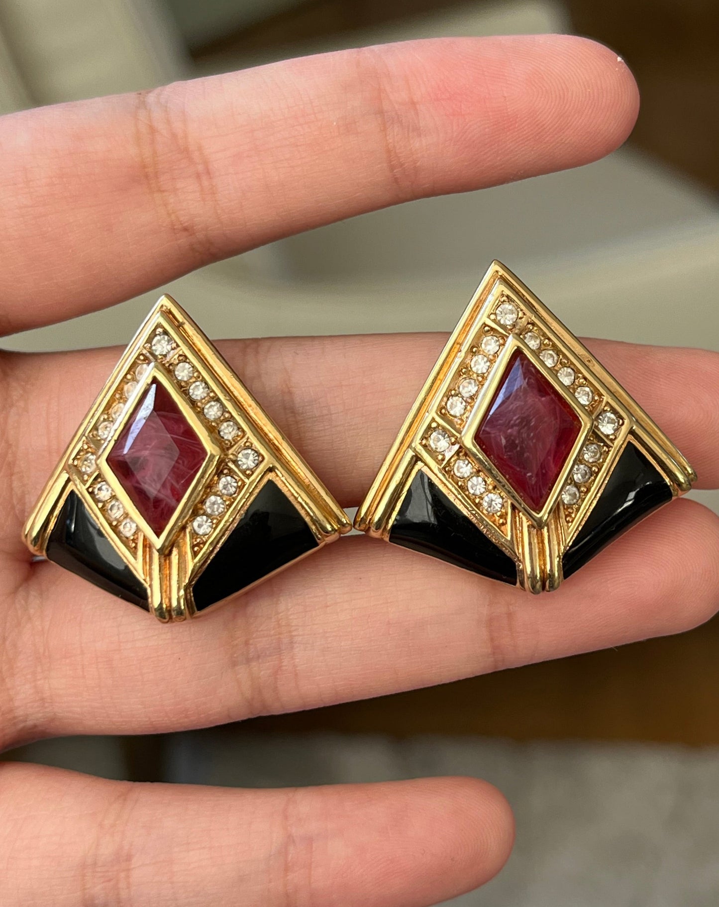 Vintage Christian Dior Red Swirly Glass Cabochon Black Enamel Rhinestone Triangular Gold-Plated Clip-On Earrings