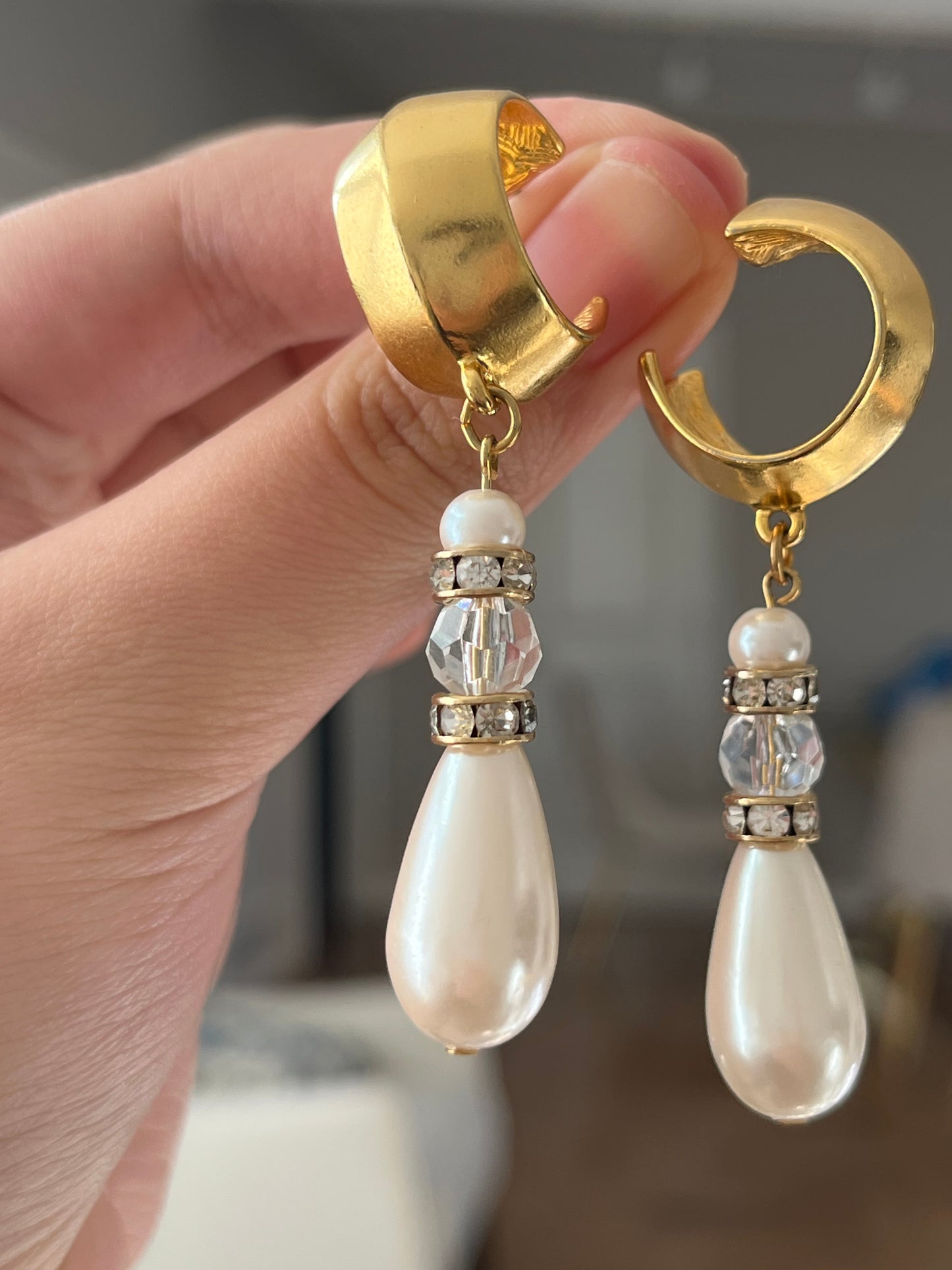 Vintage Givenchy Matte Gold Hoop Crystal Teardrop Pearl Dangle Drop  Long Shoulder Brush Sterling Silver Post Pierced Earrings