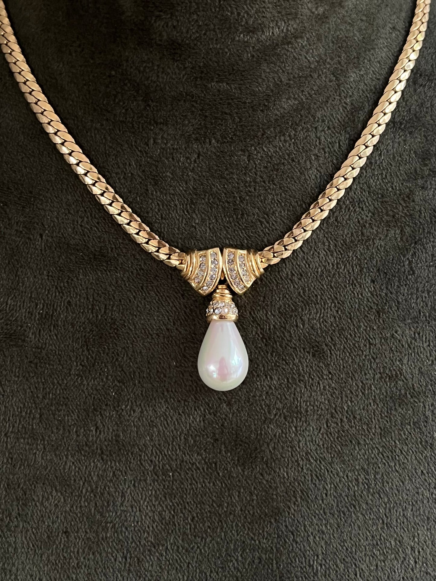 Vintage Christian Dior Rhinestone Knot Teardrop Pearl Drop Gold-Tone Necklace
