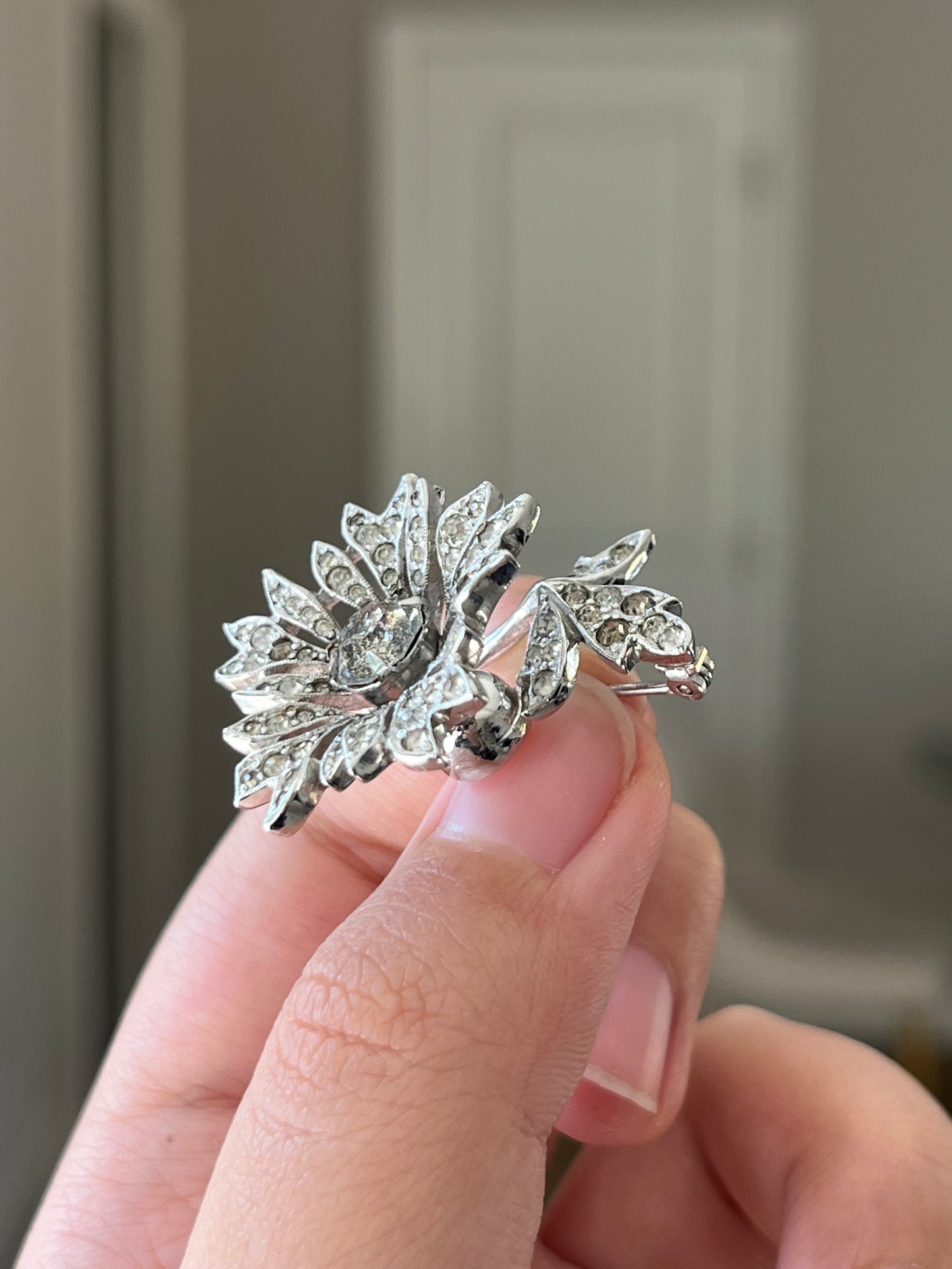 Vintage Christian Dior By Kramer 1940s "En Trembler" Trembling Flower Rhinestone Silver-Plated Brooch