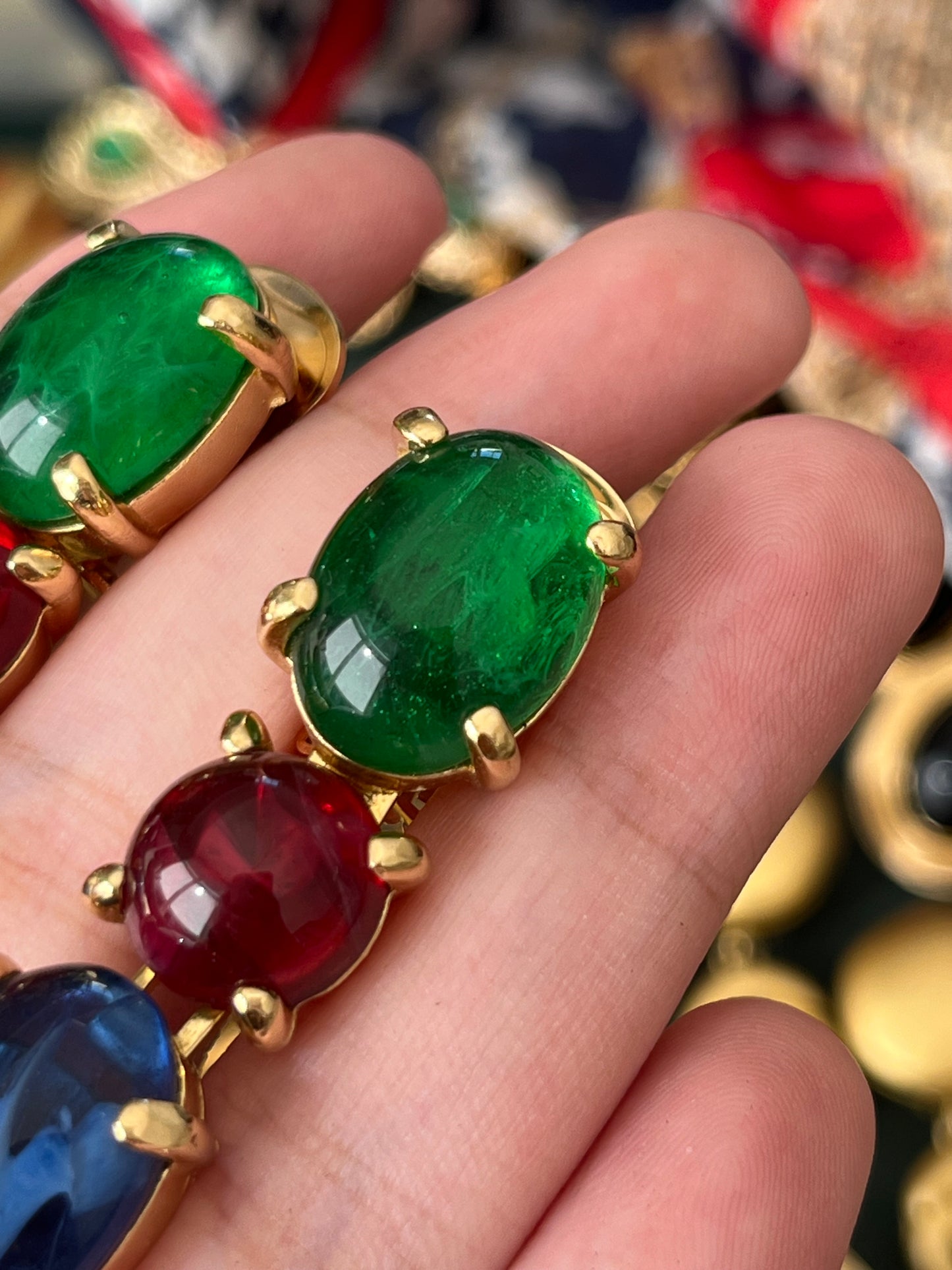 Vintage Christian Dior Tri-Color Oval Poured Swirly Glass Cabochon Prong Drop Gold-Tone Clip-On Earrings