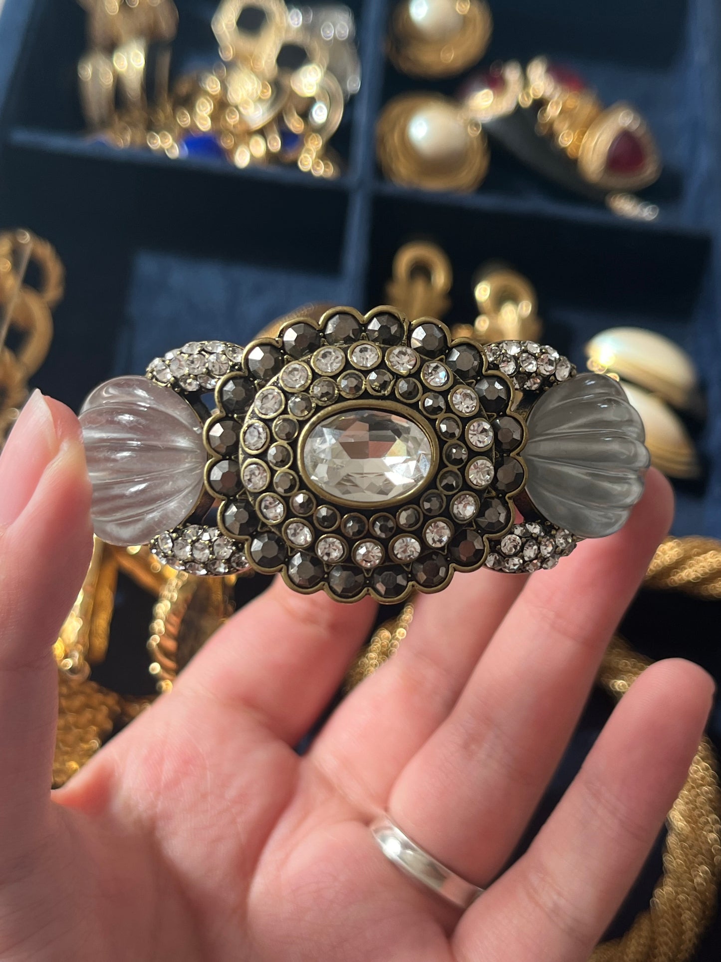 Vintage Heidi Daus 2010 "Collector's" Collection Oval Gray Rhinestone Mellon Lucite Bronze-Tone Bracelet Bangle