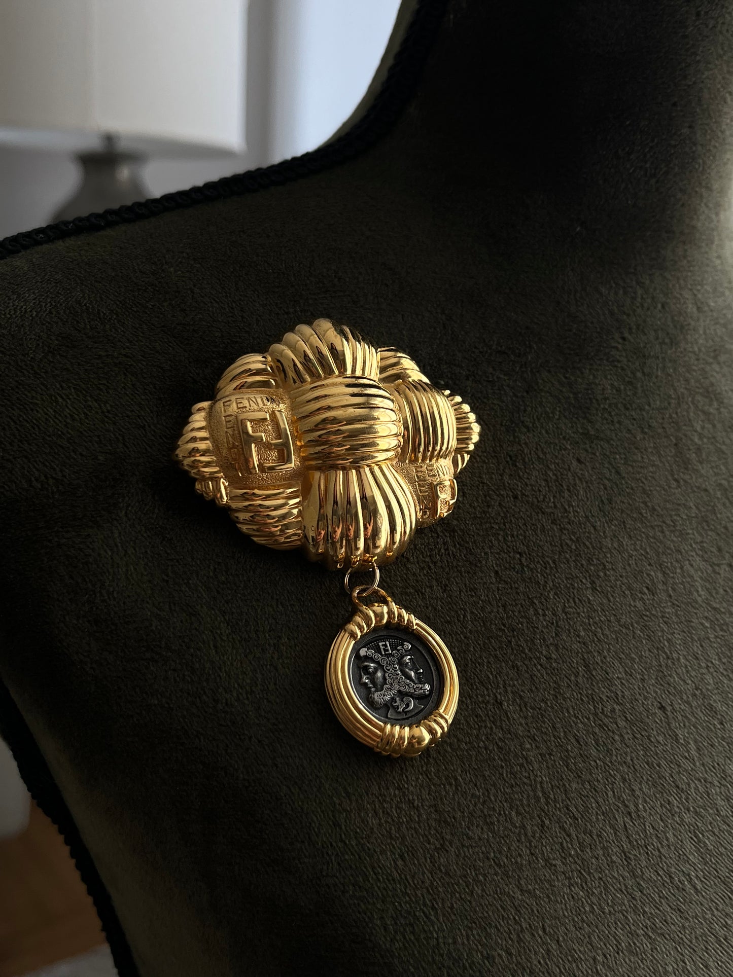 Vintage Fendi "Braided Croissant" Collection Double-F Logo Cameo Patinated Antique-Style Coin Drop Dangle Gold-Tone Brooch