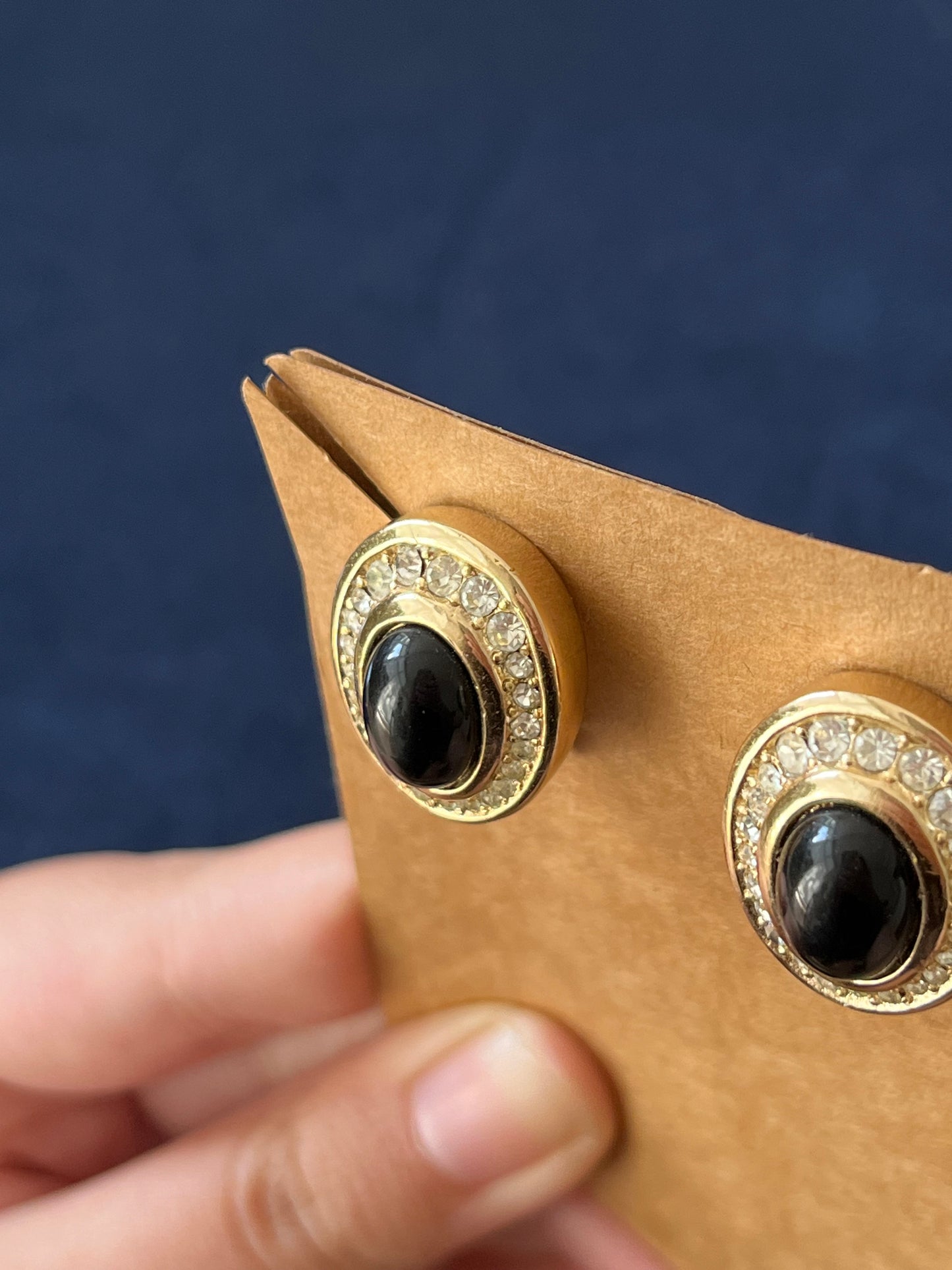 Vintage Christian Dior Oval Black Poured Glass Cabochon Rhinestone Edge Gold-Tone Clip-On Earrings