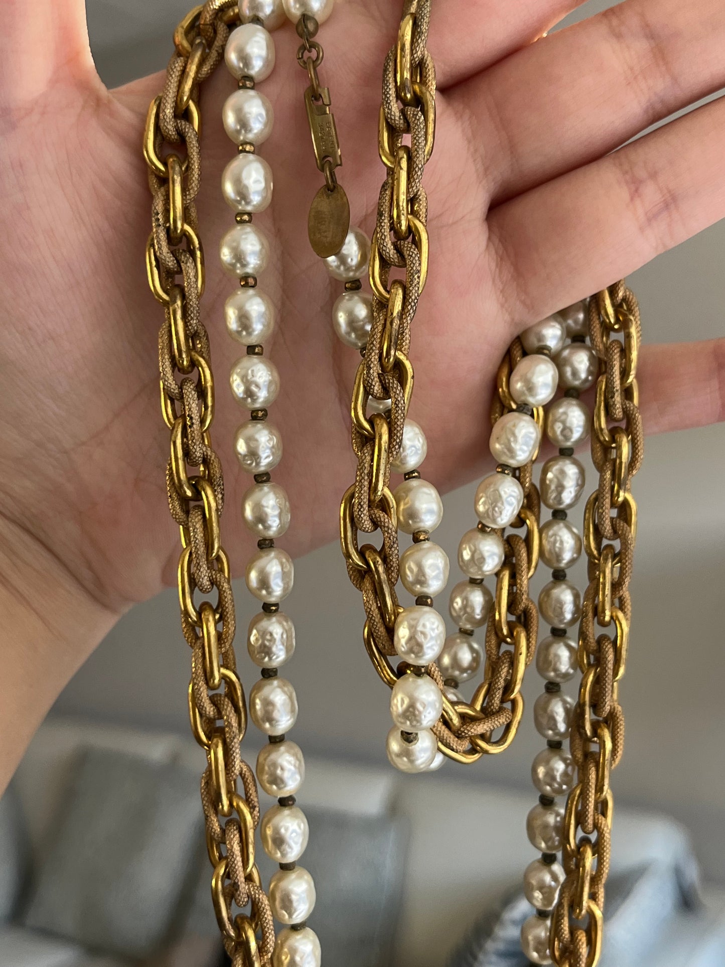 Vintage Miriam Haskell Classic "Niki" Baroque Glass Pearl Bronze-Tone Chain Long Necklace Set