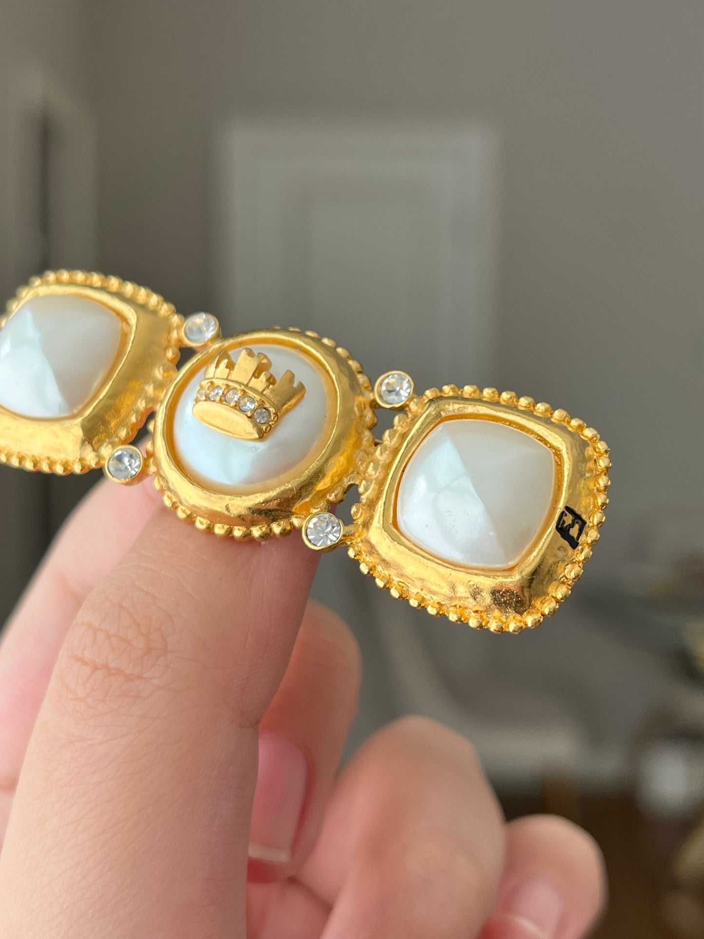 Vintage Fendi Classic Crown Motif Sugarloaf-Cut Pearl Rhinestone Gold-Tone Bar Brooch