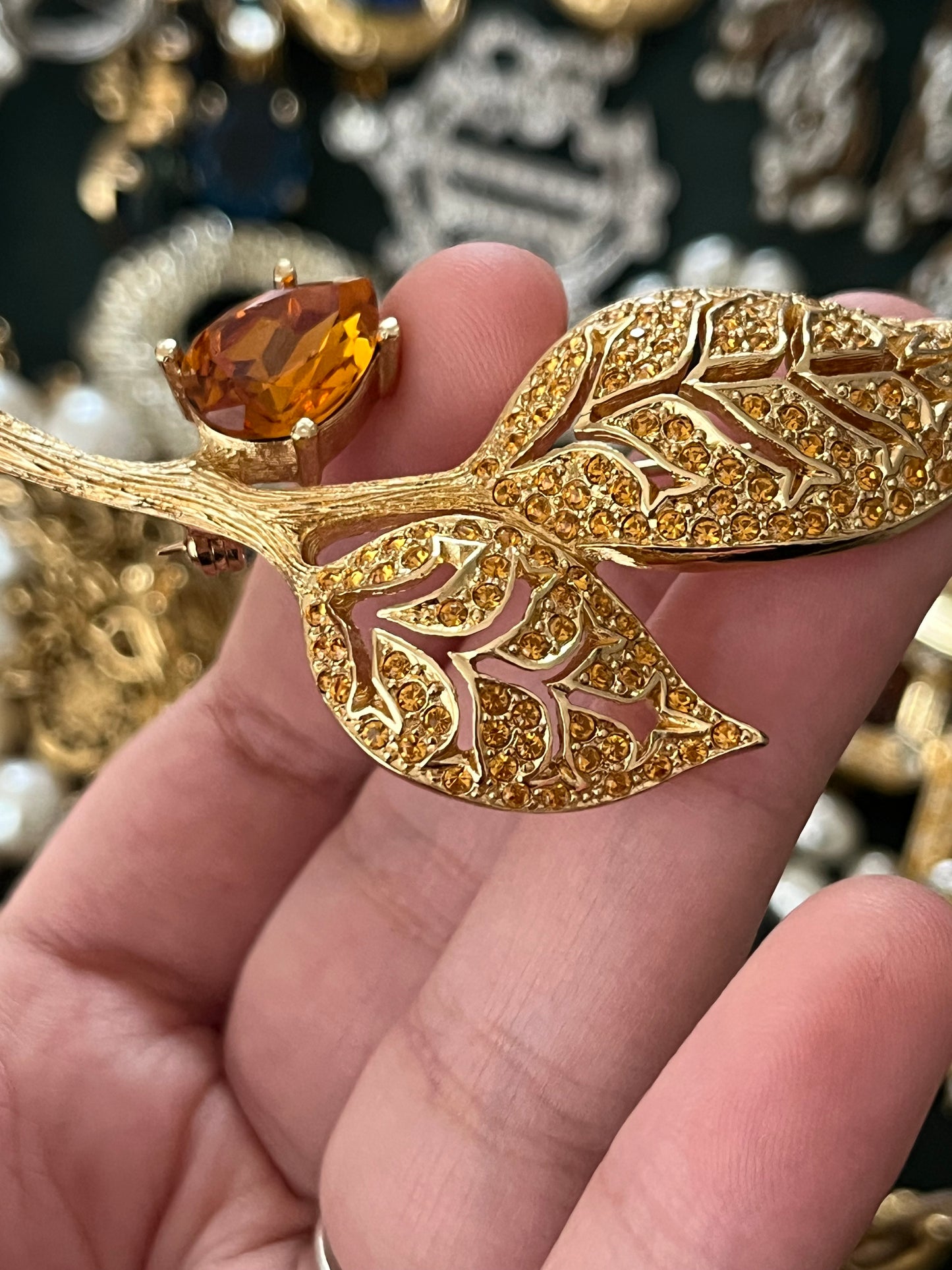 Vintage Christian Dior Leaf Branch Teardrop Orange Rhinestone Prong Gold-Tone Brooch