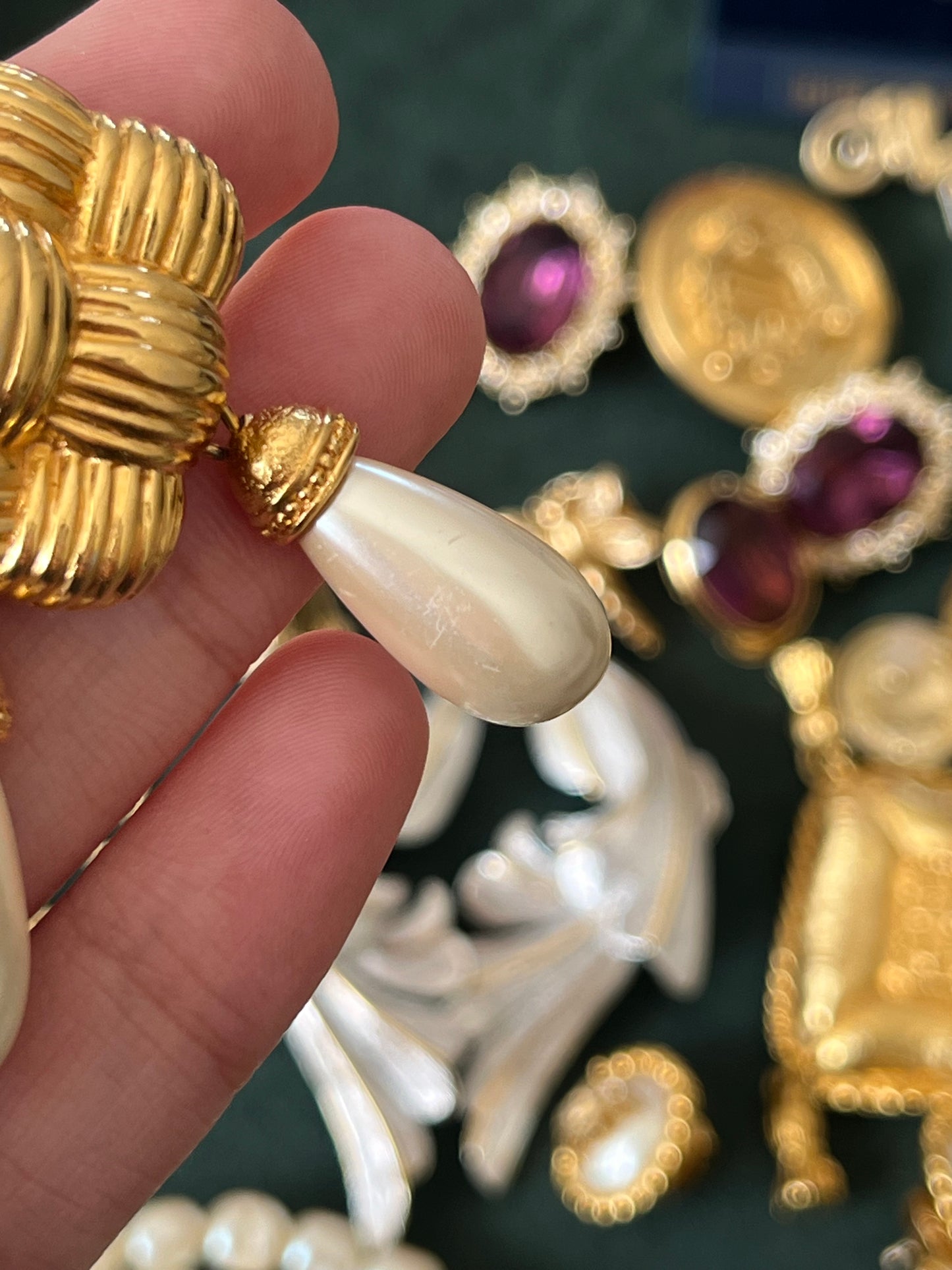 Vintage Fendi "Braided Croissant" Collection Pearl Dangle Drop Gold-Tone Clip-On Earrings