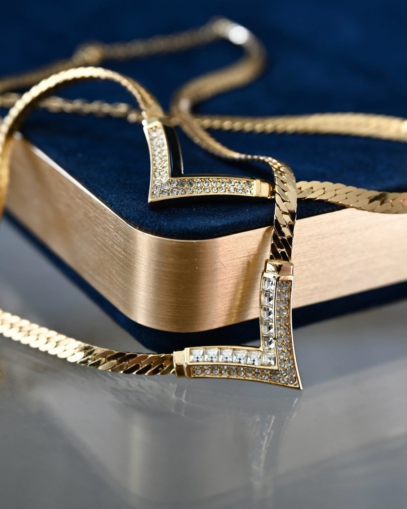 Vintage Christian Dior "V" Shape Square Clear Rhinestone Gold-Tone Chain Necklace